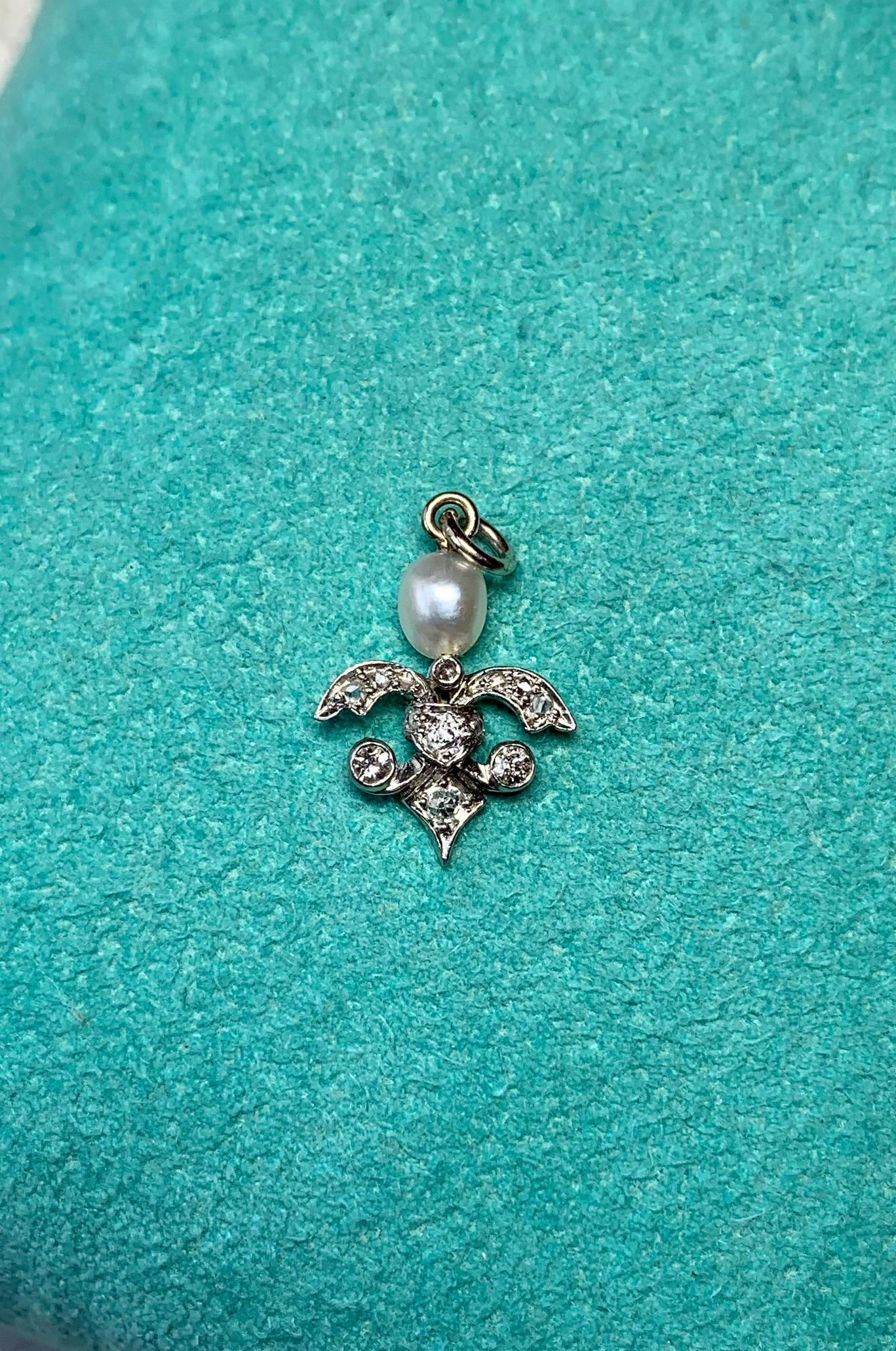 Women's Antique Rose Cut Diamond Pearl Pendant Necklace Art Deco 14 Karat White Gold