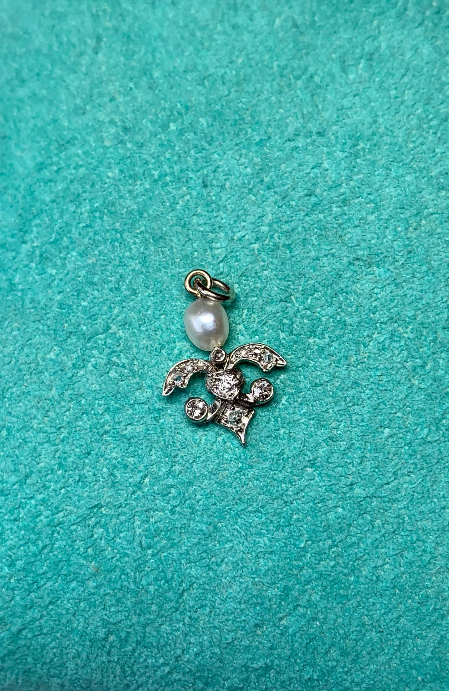 Antique Rose Cut Diamond Pearl Pendant Necklace Art Deco 14 Karat White Gold 1