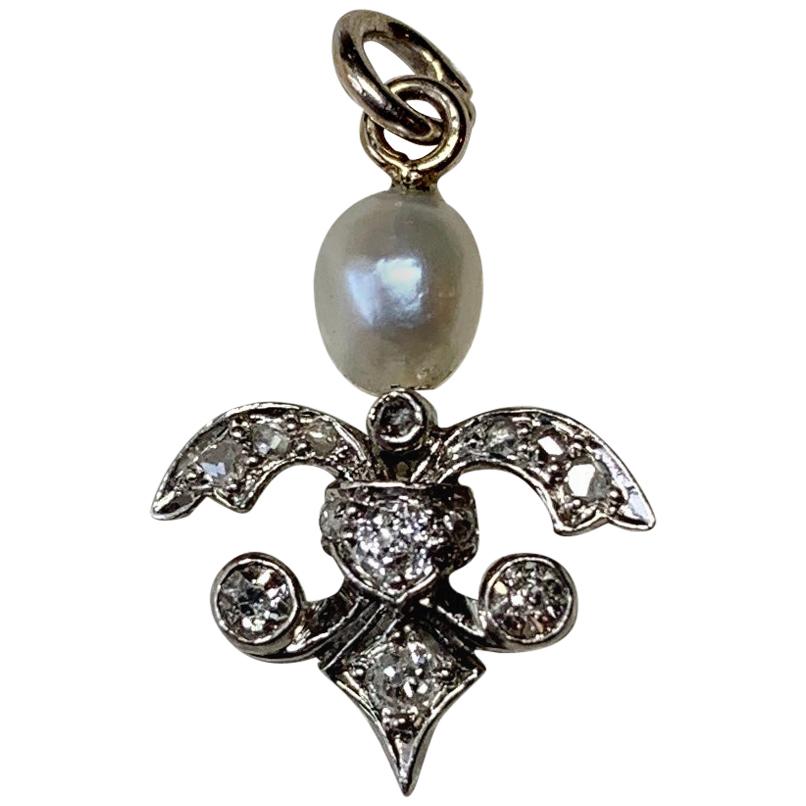 Antique Rose Cut Diamond Pearl Pendant Necklace Art Deco 14 Karat White Gold