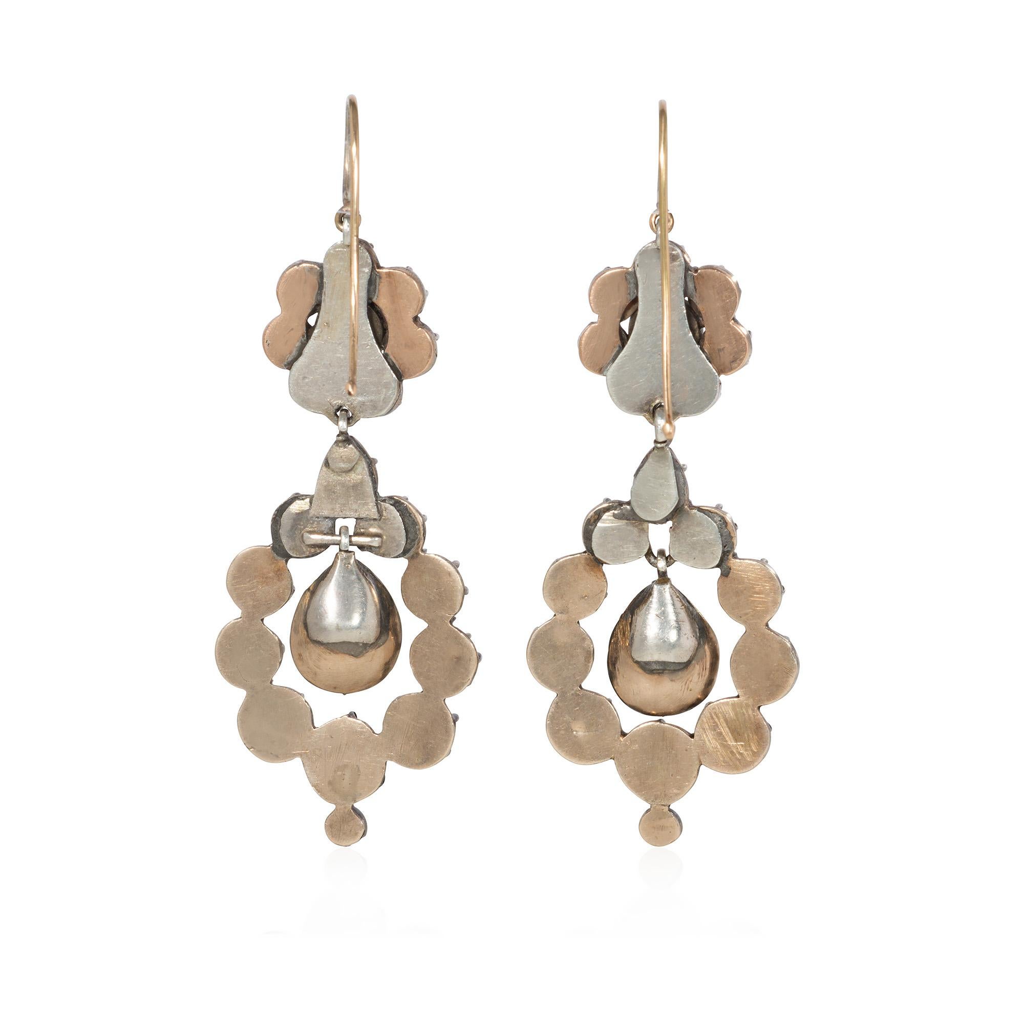 Georgian Antique Rose-Cut Diamond Pendant Earrings in Silver-Topped Gold For Sale
