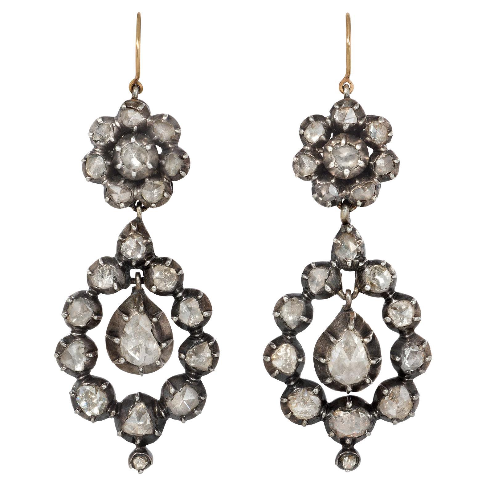 Antique Rose-Cut Diamond Pendant Earrings in Silver-Topped Gold For Sale