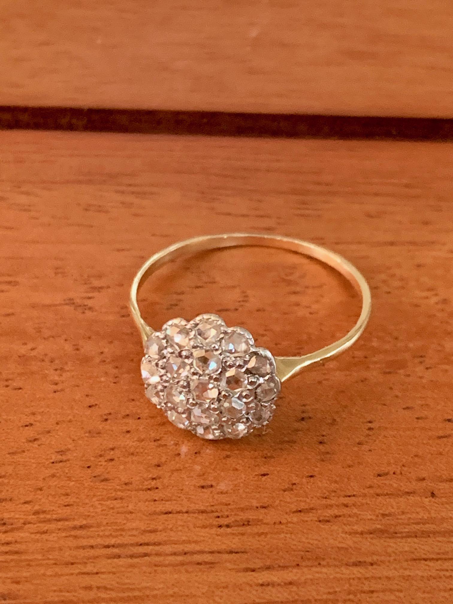 Antique Rose Cut Diamond Platinum and 14 Karat Yellow Gold Ring For Sale 2