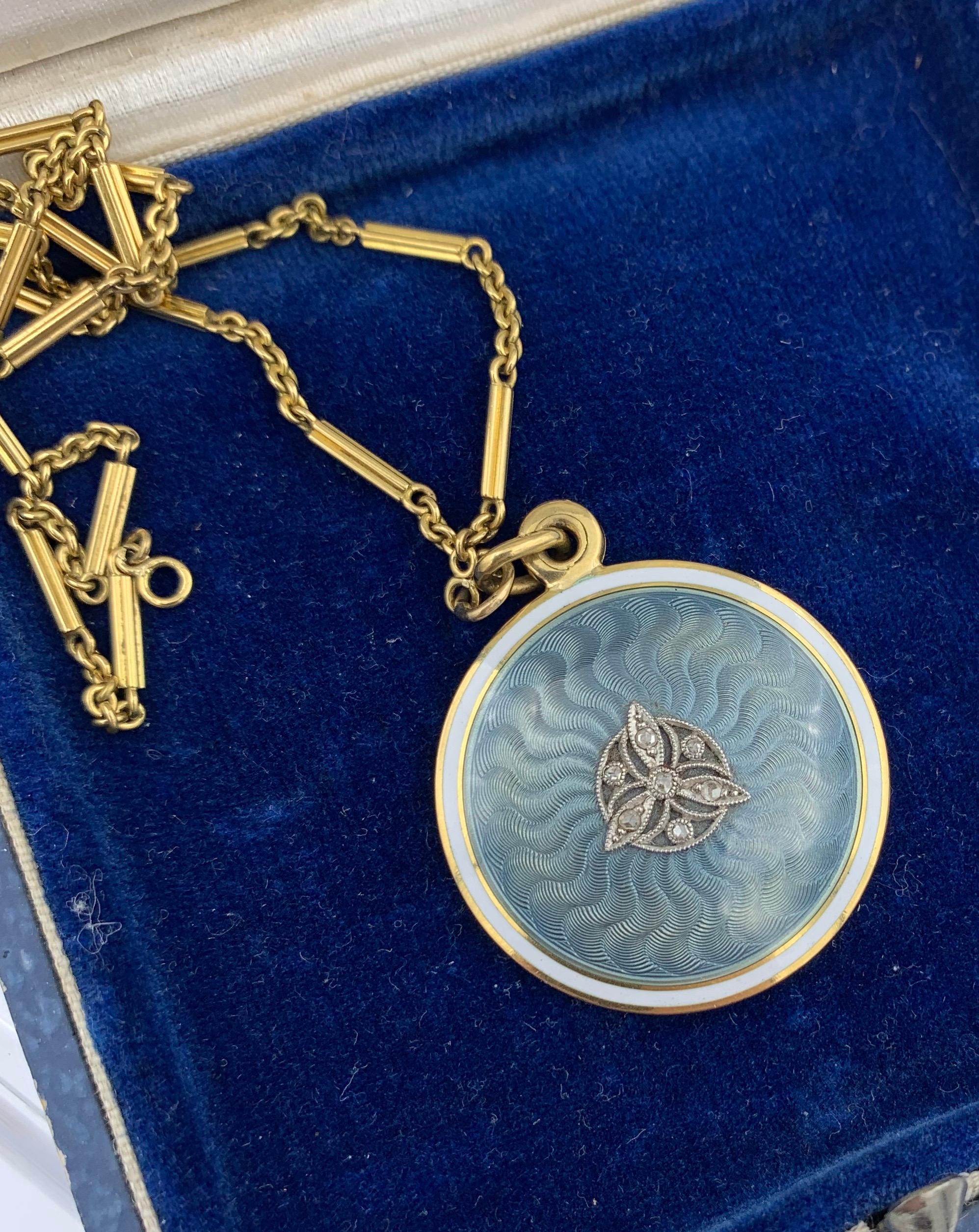 Women's Antique Rose Cut Diamond Platinum Enamel Locket Necklace Ambassador Galbraith For Sale