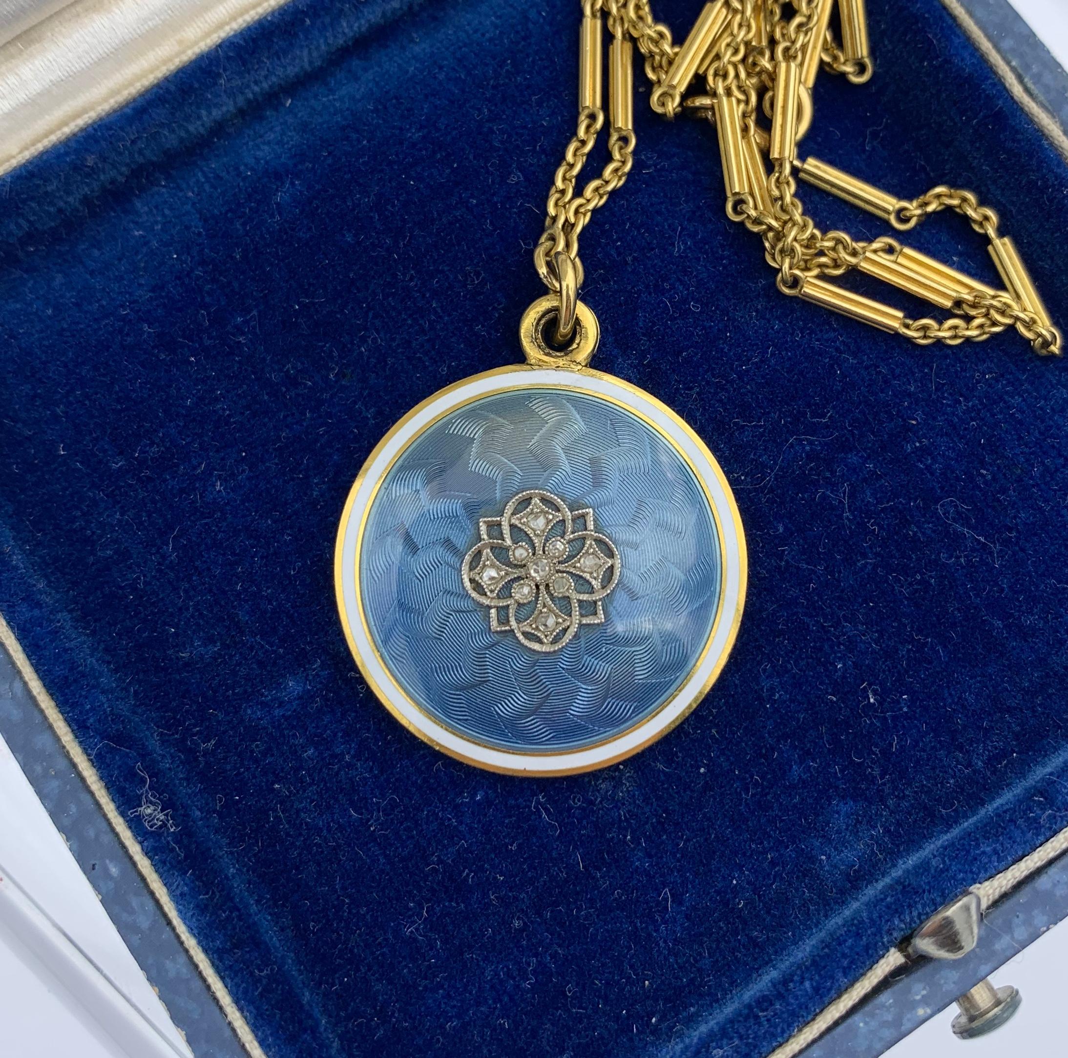 Antique Rose Cut Diamond Platinum Enamel Locket Necklace Ambassador Galbraith For Sale 1