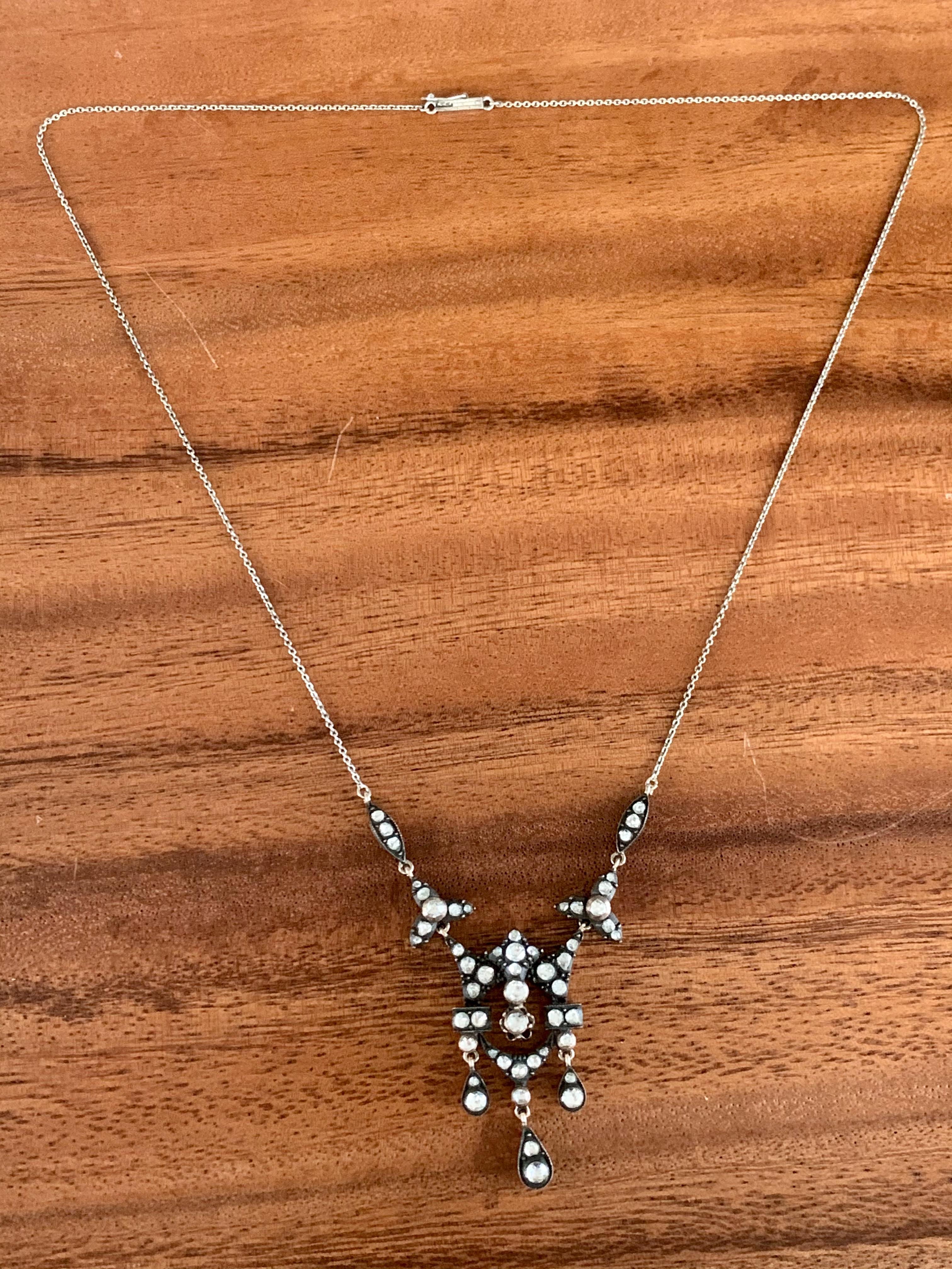 Antique Rose Cut Diamond, Platinum, Gold, and Silver Necklace For Sale 5