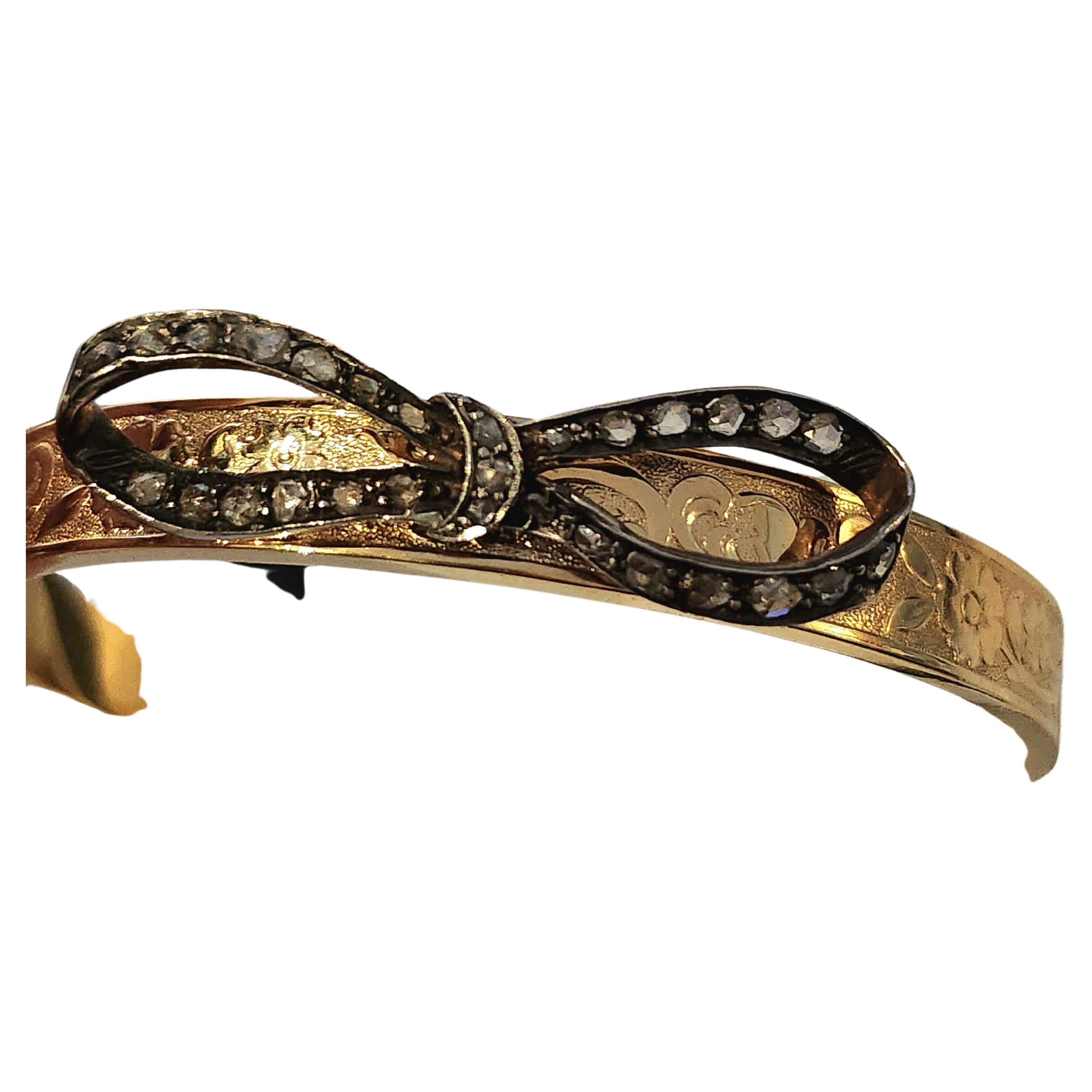 Antique Rose Cut Diamond Ribbon Gold Bangle Bracelet In Good Condition For Sale In Cairo, EG