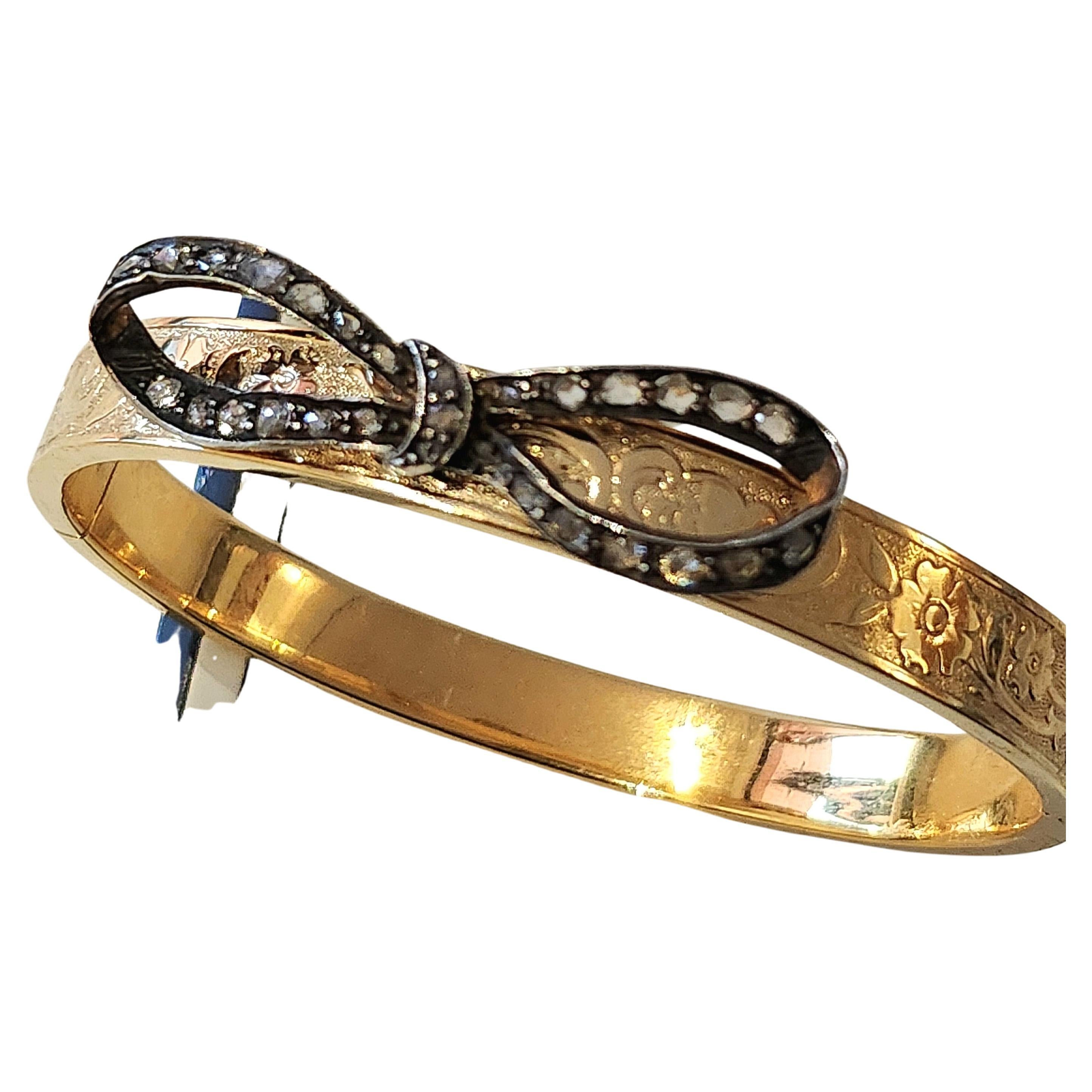 Women's or Men's Antique Rose Cut Diamond Ribbon Gold Bangle Bracelet For Sale