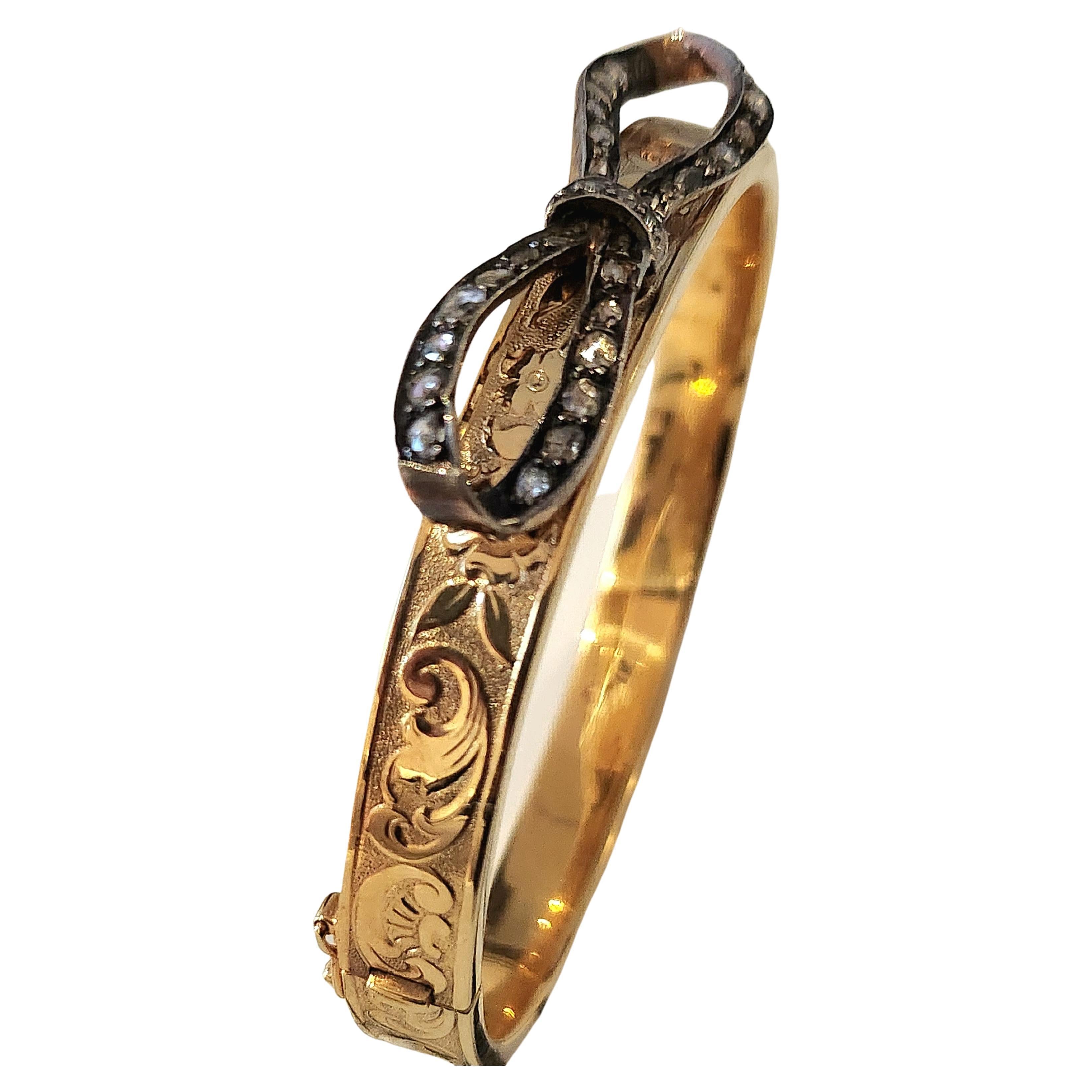 Antique Rose Cut Diamond Ribbon Gold Bangle Bracelet For Sale 1
