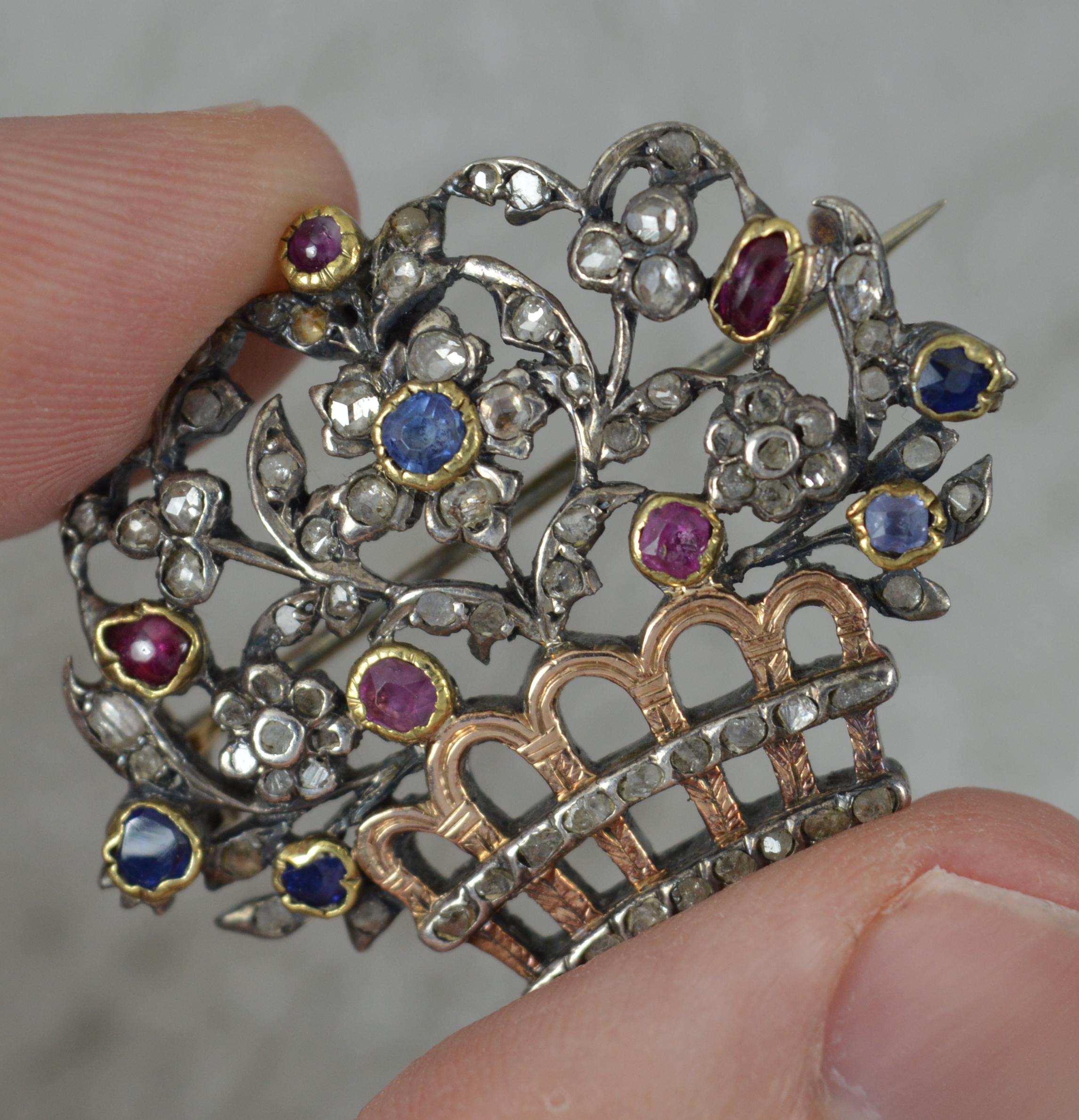 Antique Rose Cut Diamond Ruby Sapphire Giardinetti Brooch In Good Condition For Sale In St Helens, GB