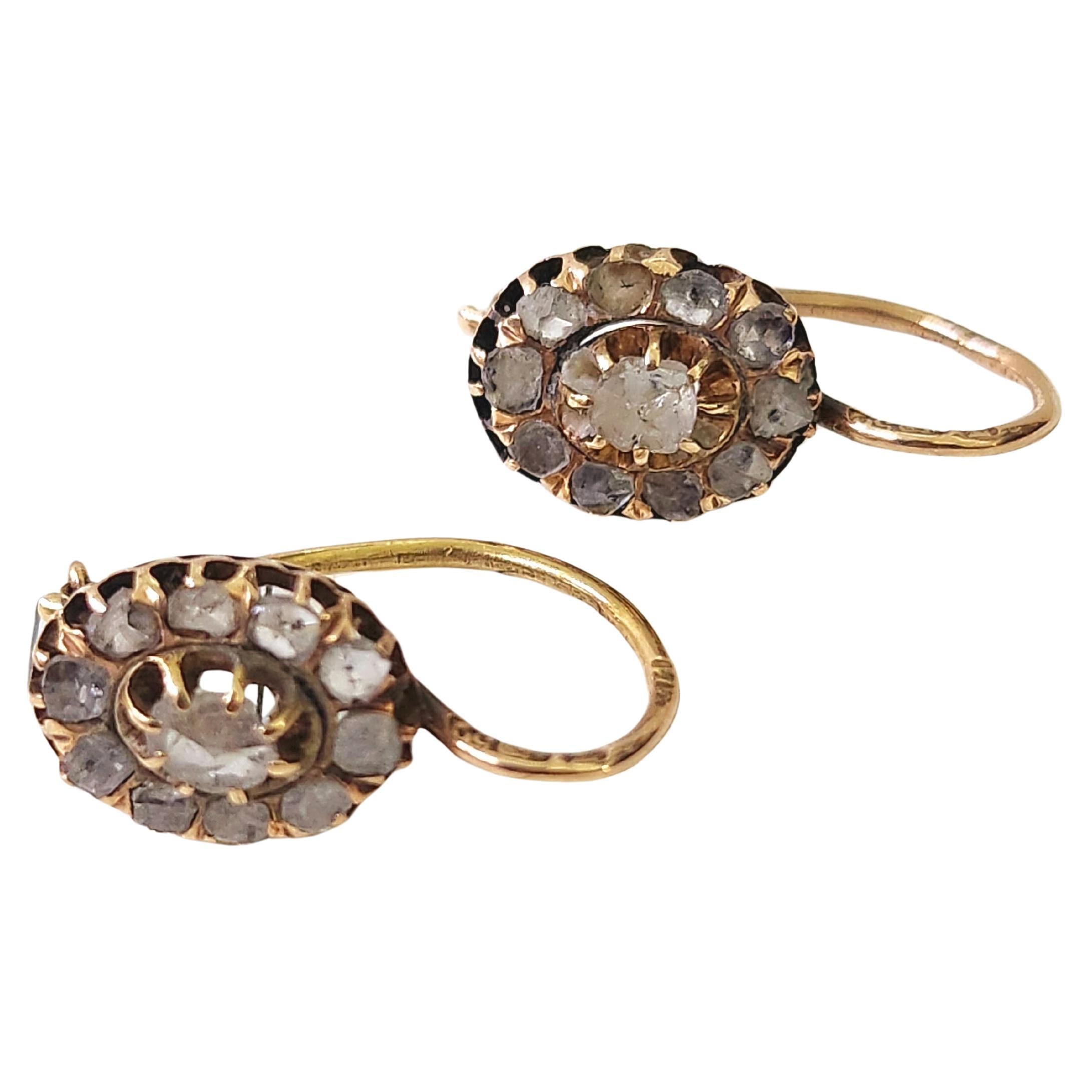 Imperial russian era 1900s oval earrings in 14k gold with rose cut diamonds total lenght 11mm back hock with safty lock hall marked 56 imperial russian gold standard and assay mark and initial maker mark
