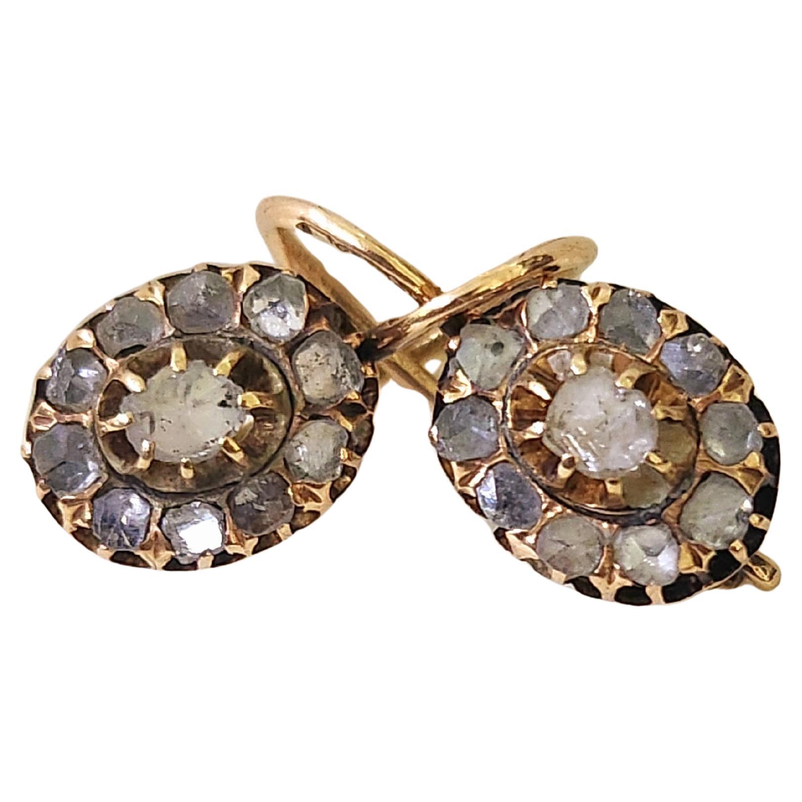 Boucles d'oreilles anciennes en or russe avec diamants taillés en rose en vente