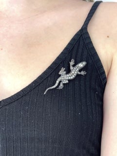 Antique Rose Cut Diamond Salamander 14 Karat Gold Silver Brooch