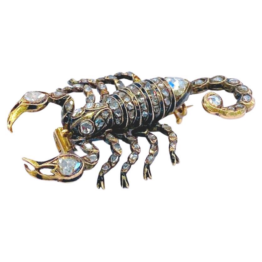 Antique 10k oxdized gold colour scorpion brooch with rose cut diamond with estimate weight of 3.5 carats mix of large and smaller diamonds in fine detalied workmanship with total lenght of 4.5cm 