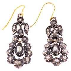 Antique Rose Cut Diamond Silver and 15 Carat Gold Drop Earrings