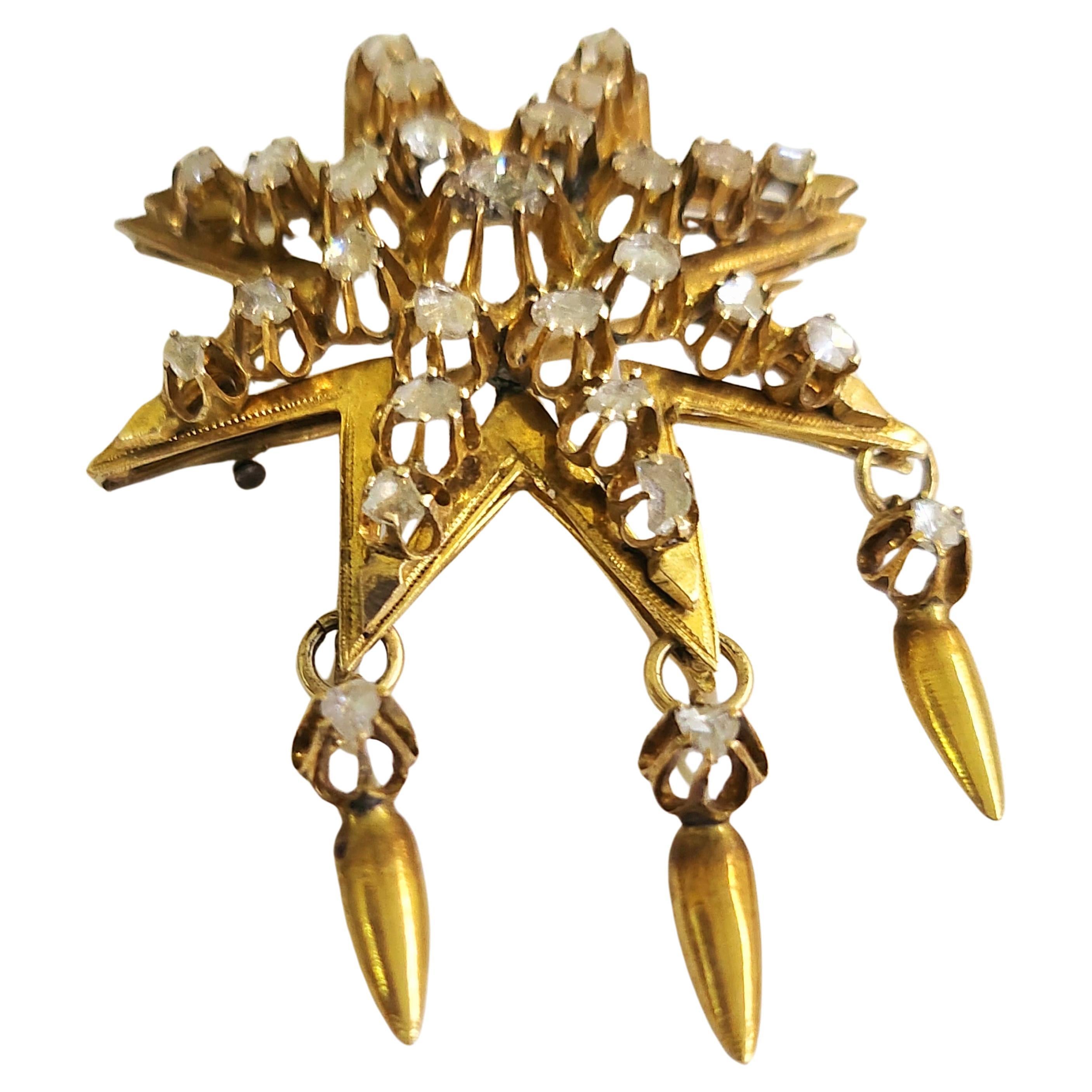Women's Antique Rose Cut Diamond Star Brooch Gold Pendant For Sale