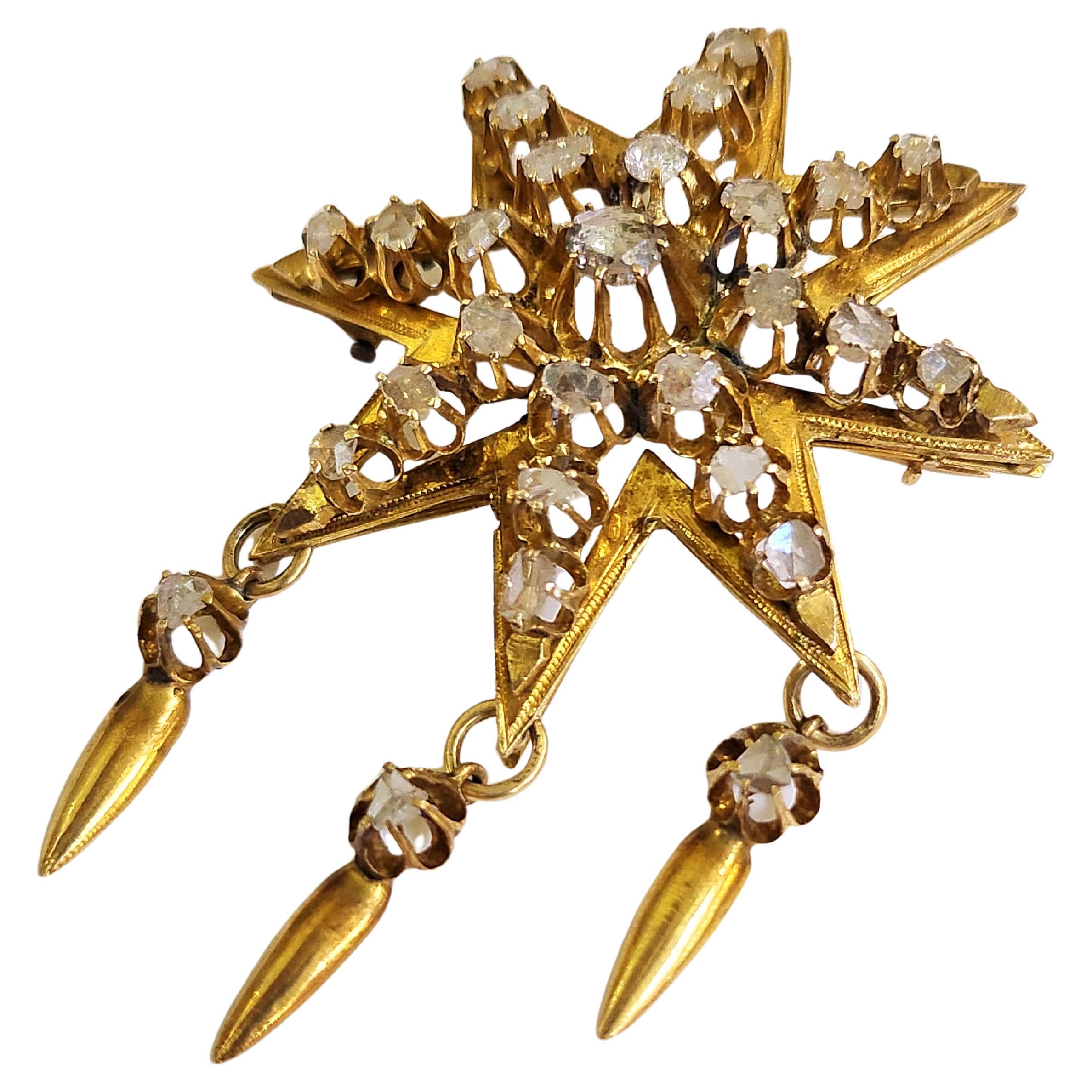 Antique russian 14k gold large star pendant  and brooch with rose cut diamonds 5cm width 6cm lenght total gold weight 12.50 grams hall marked 56 imperial russian gold standard