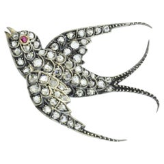 Antique Rose Cut Diamond Swallow Brooch, c. 1860