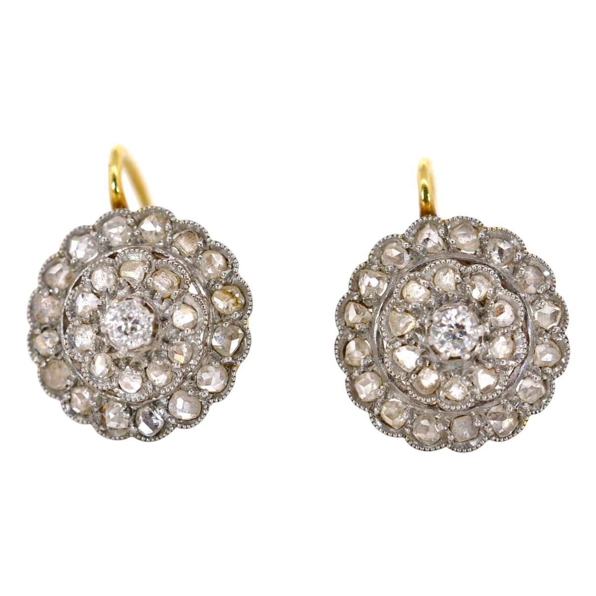 Antique Diamond Gold Platinum Cluster Earrings at 1stDibs