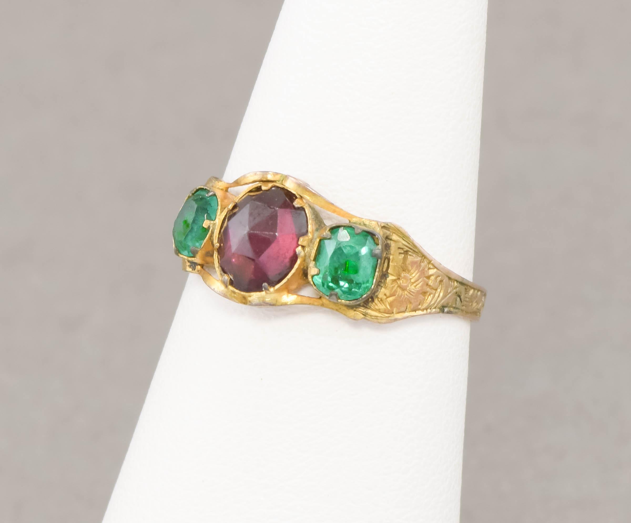 Antique Rose Cut Garnet & Green Paste Gold Ring with Hand Engraving For Sale 4