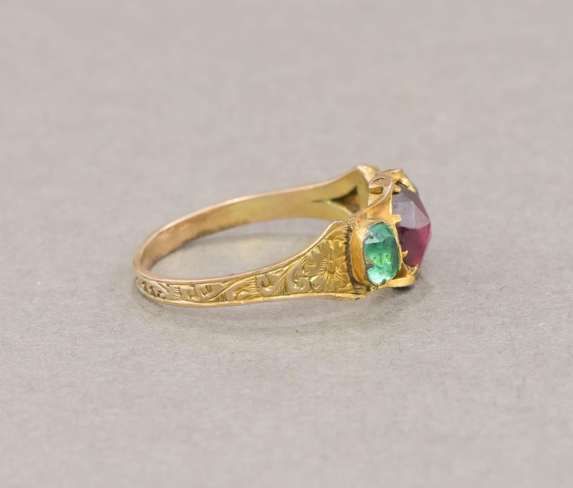 Women's Antique Rose Cut Garnet & Green Paste Gold Ring with Hand Engraving For Sale