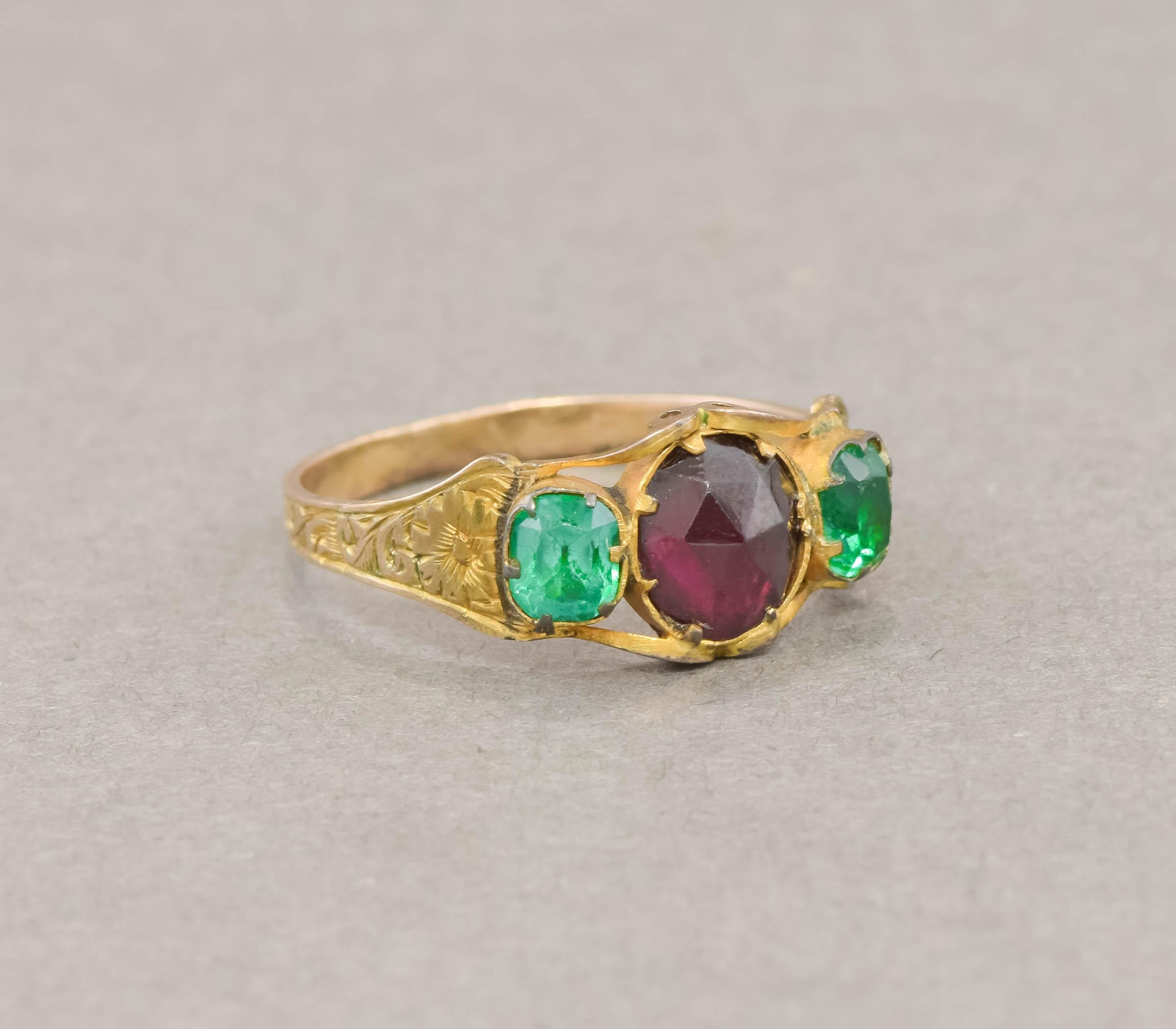 Antique Rose Cut Garnet & Green Paste Gold Ring with Hand Engraving For Sale 1