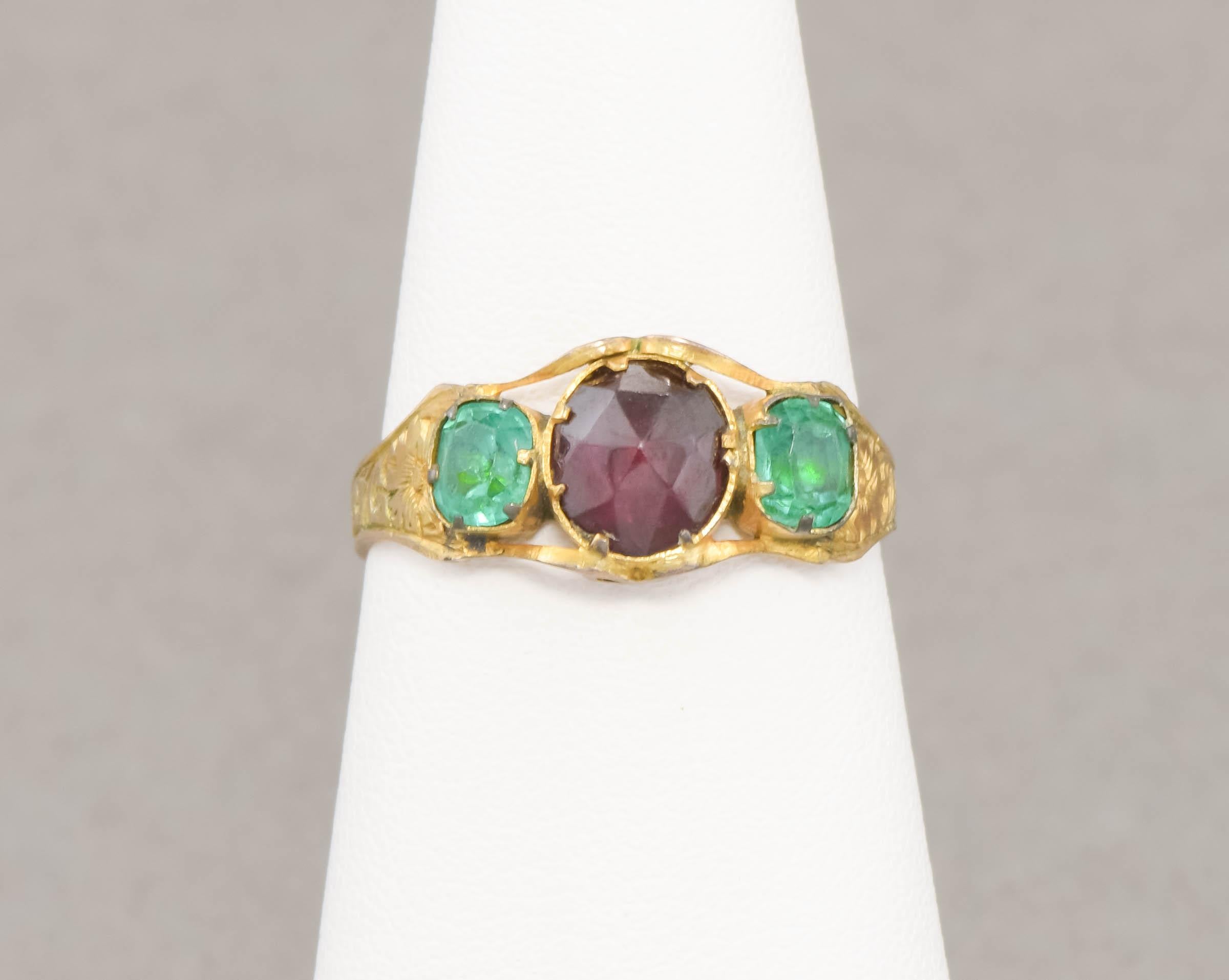 Antique Rose Cut Garnet & Green Paste Gold Ring with Hand Engraving For Sale 2