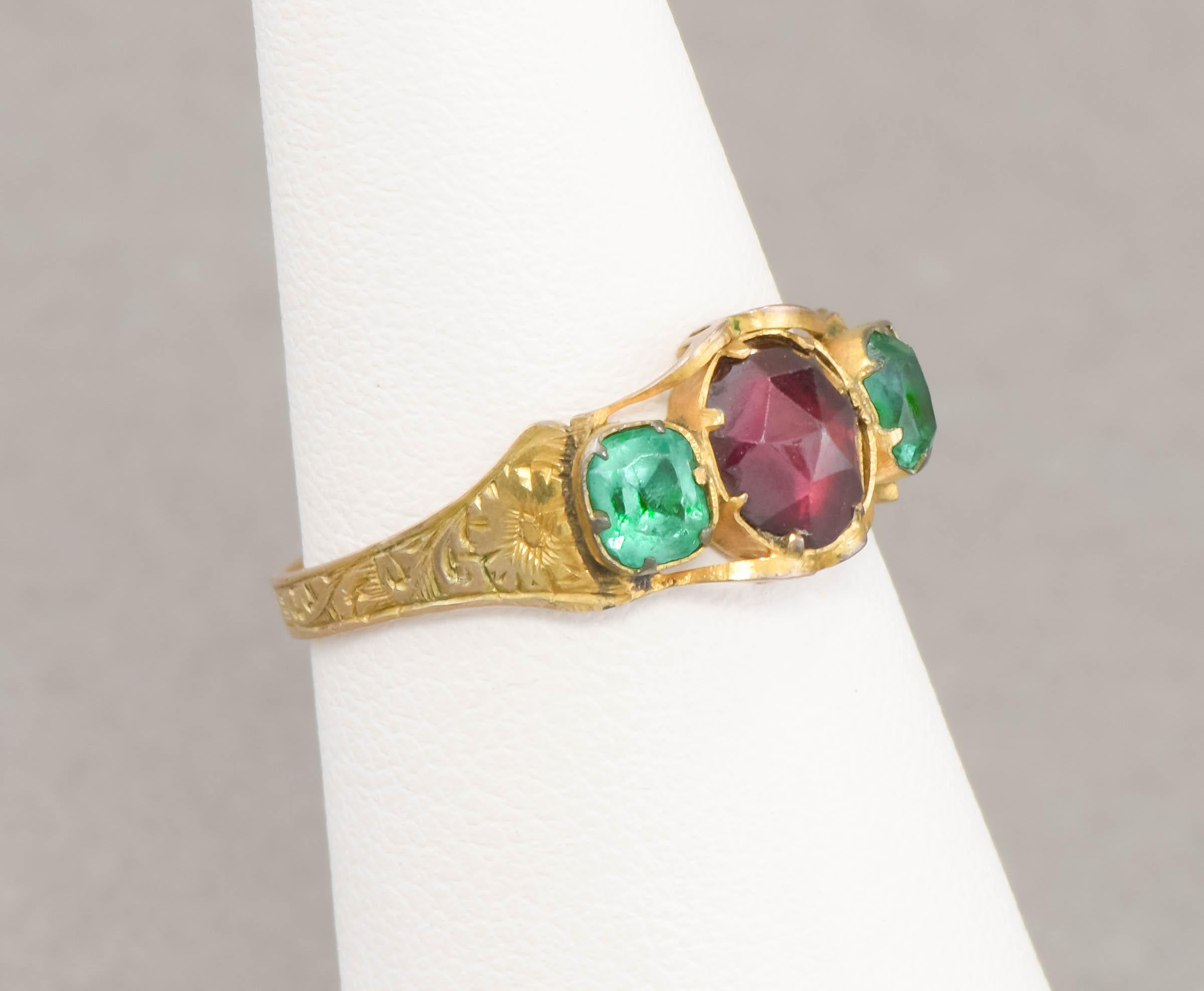 Antique Rose Cut Garnet & Green Paste Gold Ring with Hand Engraving For Sale 3