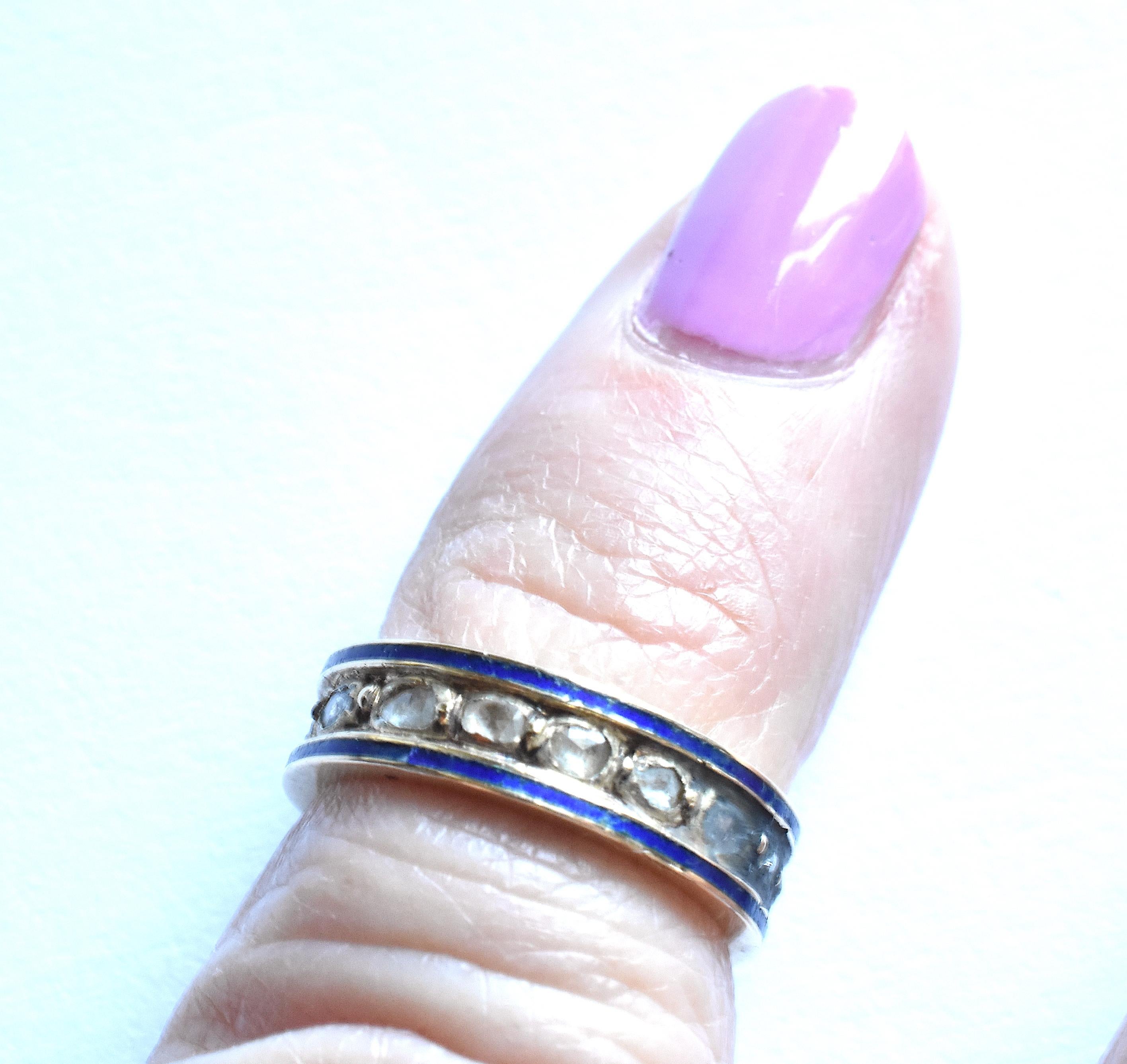 We love baby rings, worn around the knuckle or worn clipped to a large split ring and worn around a chain, or simply collected in honor of a new baby. Our baby ring has rose diamonds encased in gold, spaced evenly around the band. The band has a