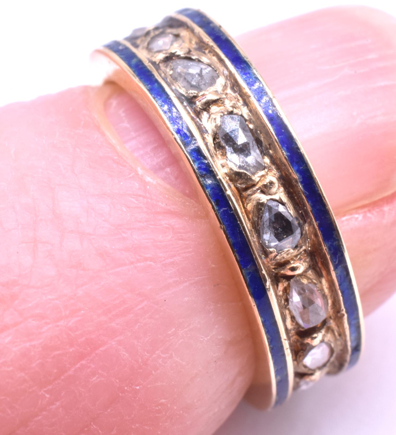 Early Victorian  Victorian Baby Ring with Rose Diamonds and Blue Enamel Detailing