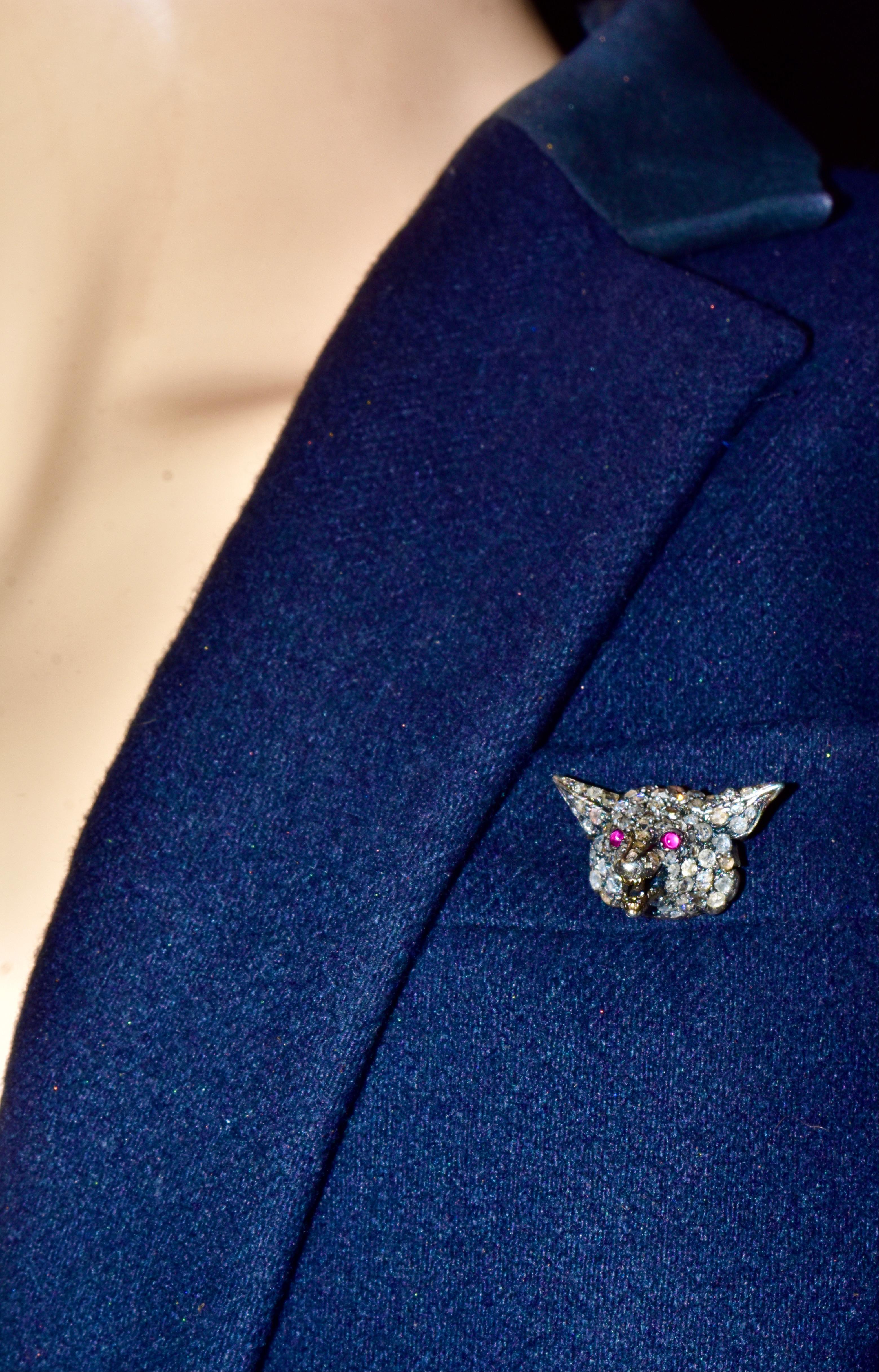 Antique Rose Diamond and Ruby Fox Face Brooch, circa 1860 at 1stDibs