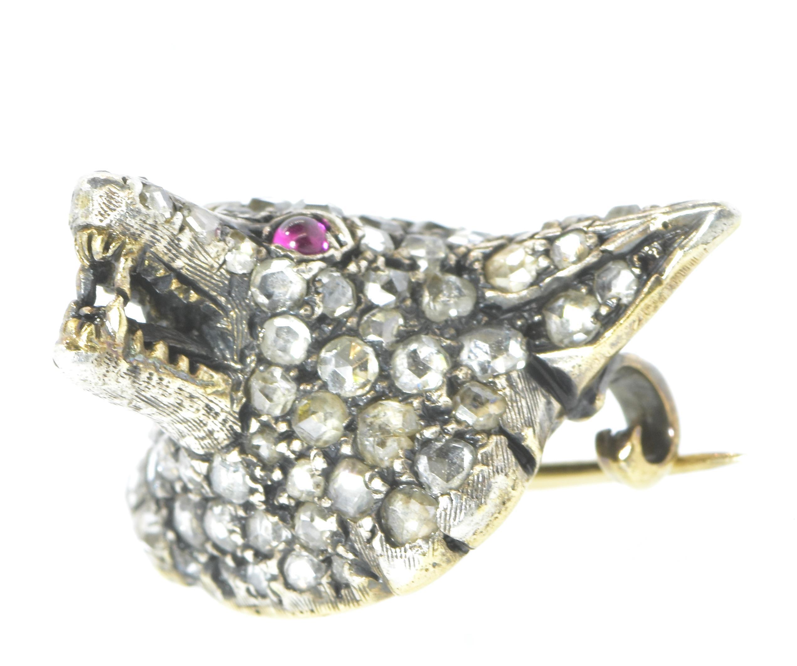 Antique Rose Diamond and Ruby Fox Face Brooch, circa 1860 at 1stDibs