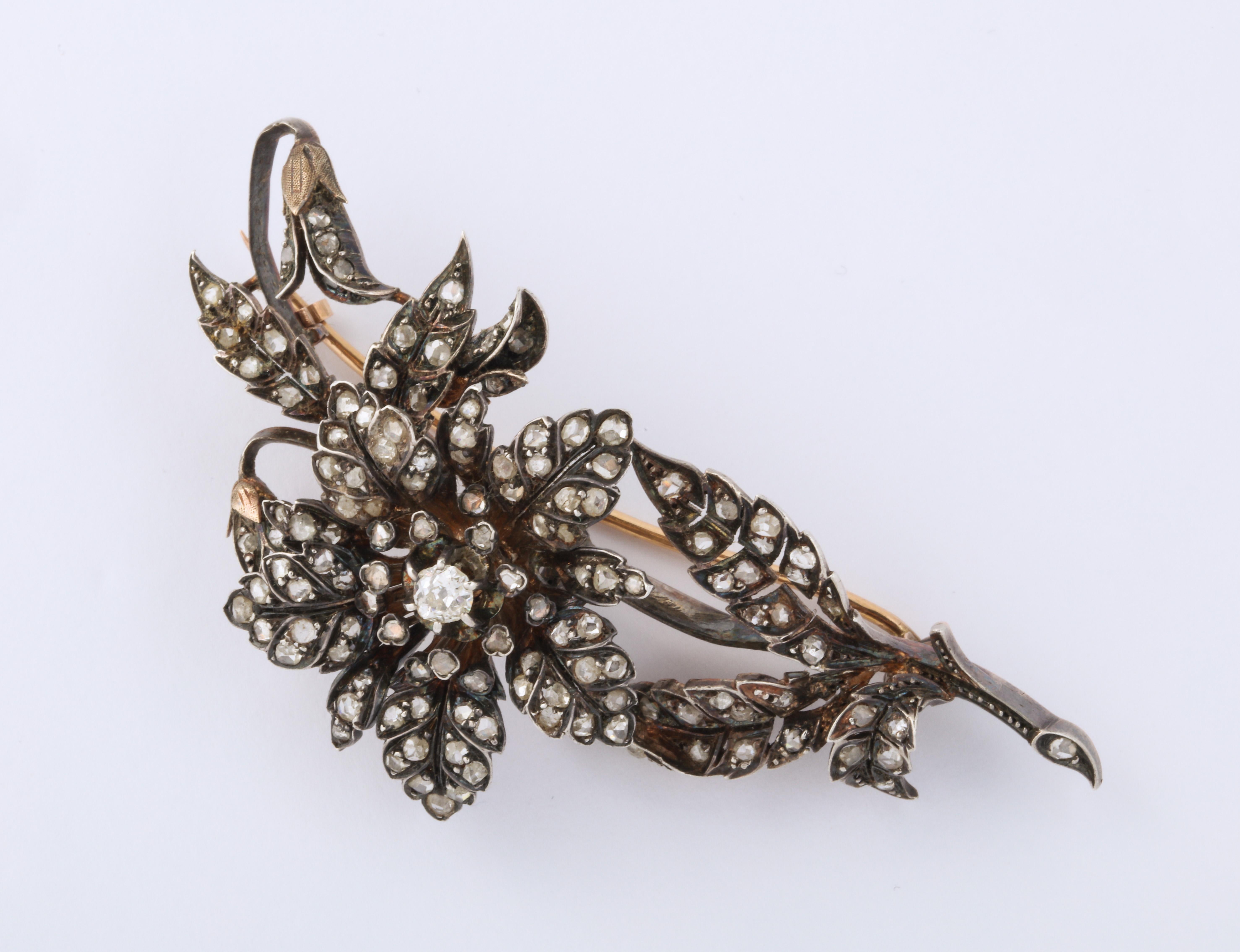 Rose Cut French  19th Century Rose Diamond Tremblant Brooch  For Sale