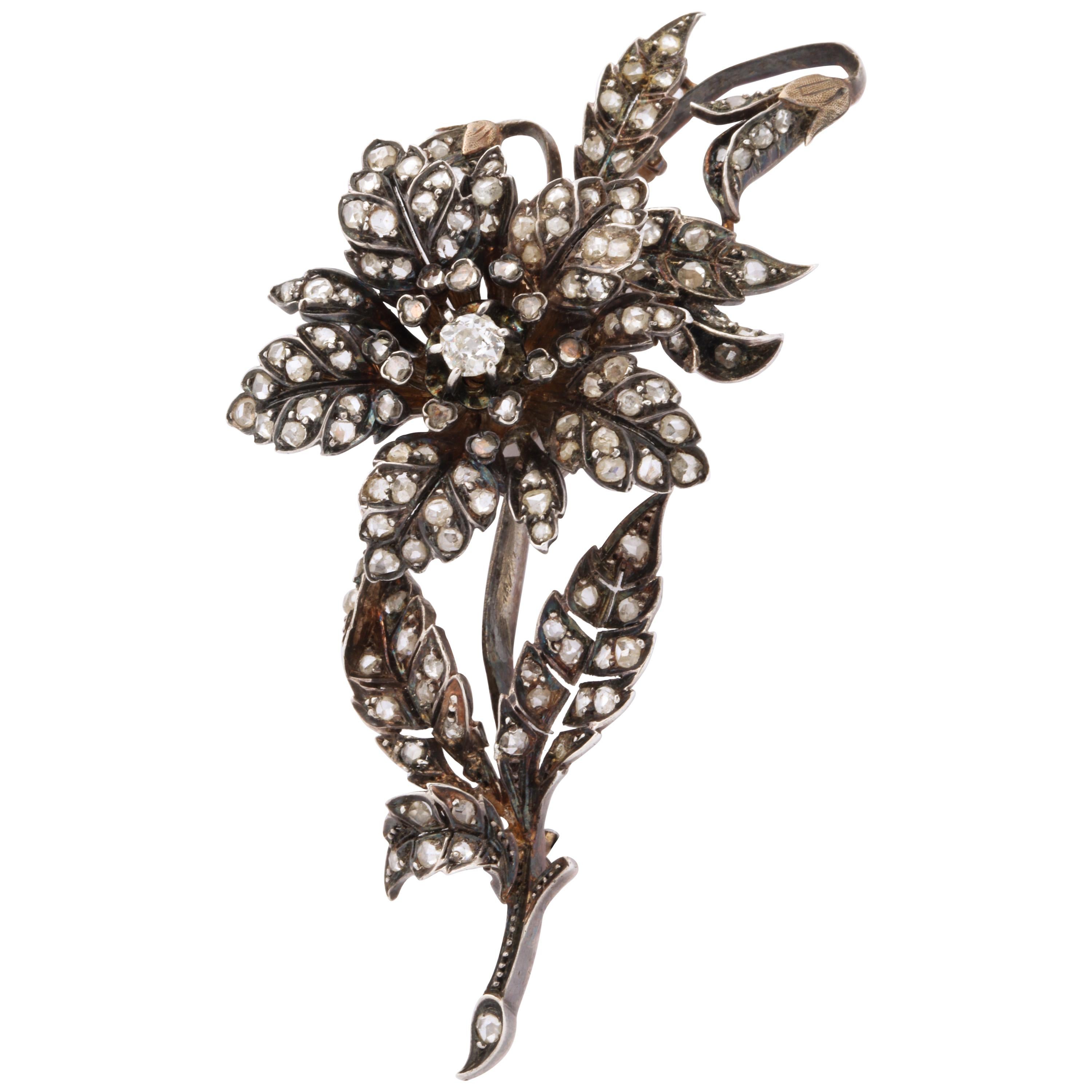 French  19th Century Rose Diamond Tremblant Brooch 