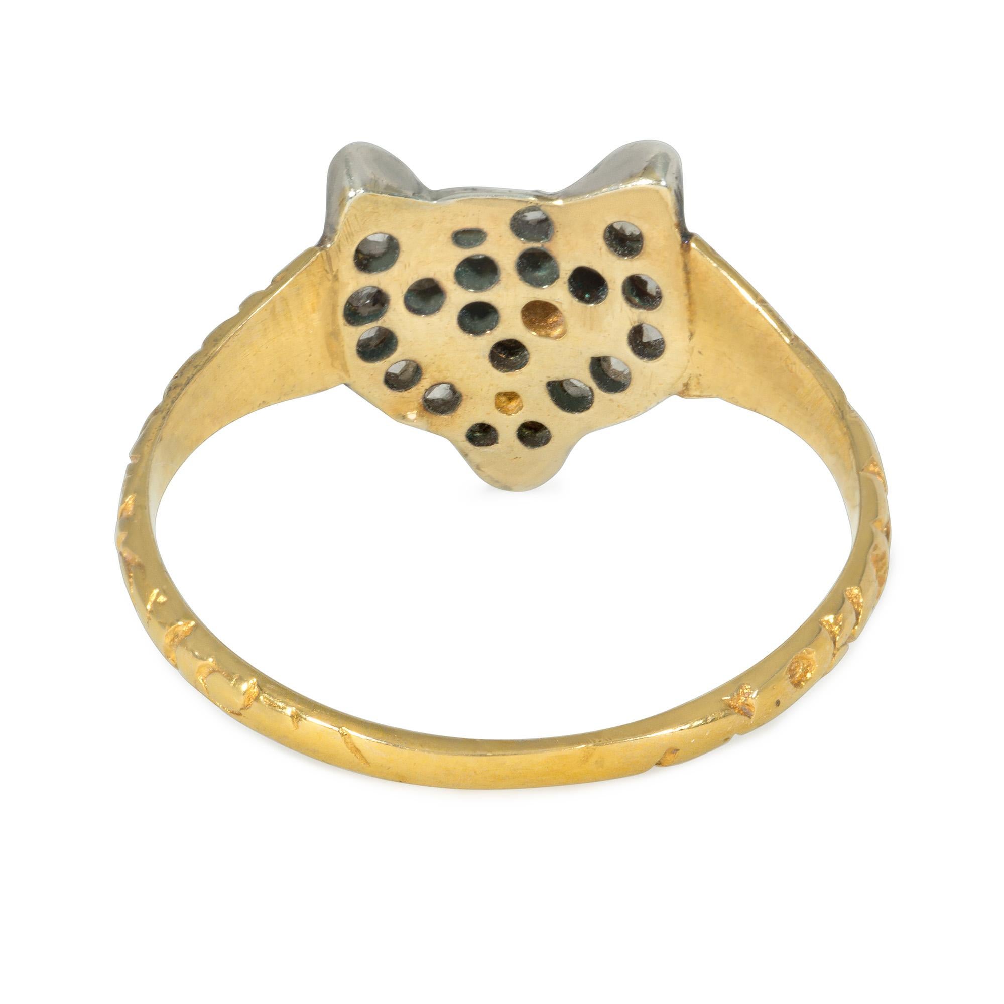 Rose Cut Antique Rose Diamond Fox Head Ring with Ruby Eyes, in Silver-Topped Gold For Sale