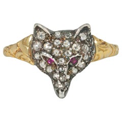 Bague tête de renard antique en diamant rose avec yeux en rubis, en or recouvert d'argent