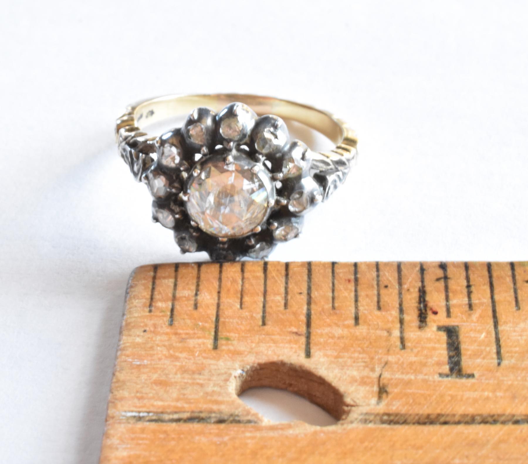 Antique Dutch Rose Diamond Silver Gold Cluster Ring C1900 1