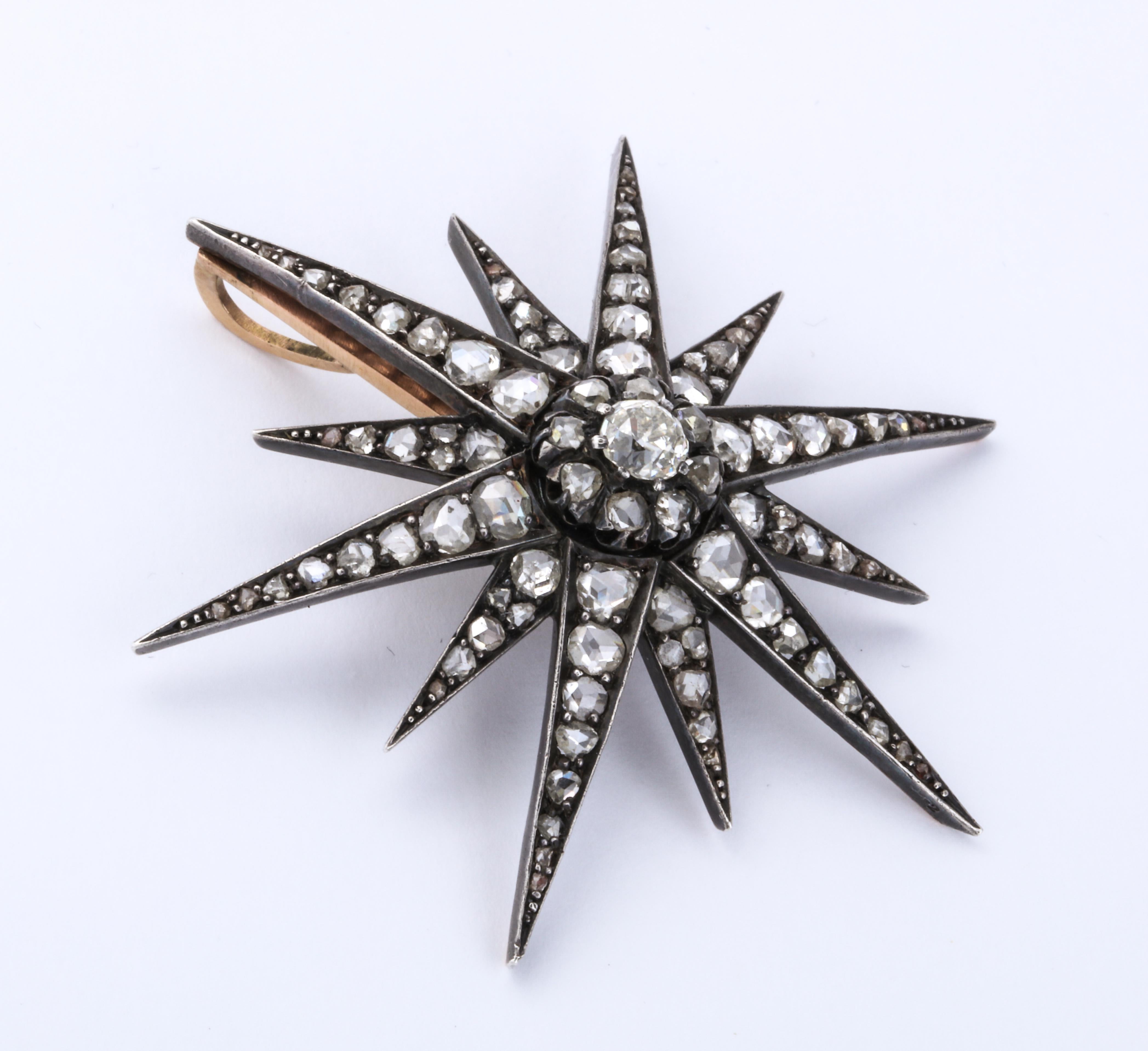 Colgante/Broche Estrella Rosa Diamante Antiguo Napoleón III
