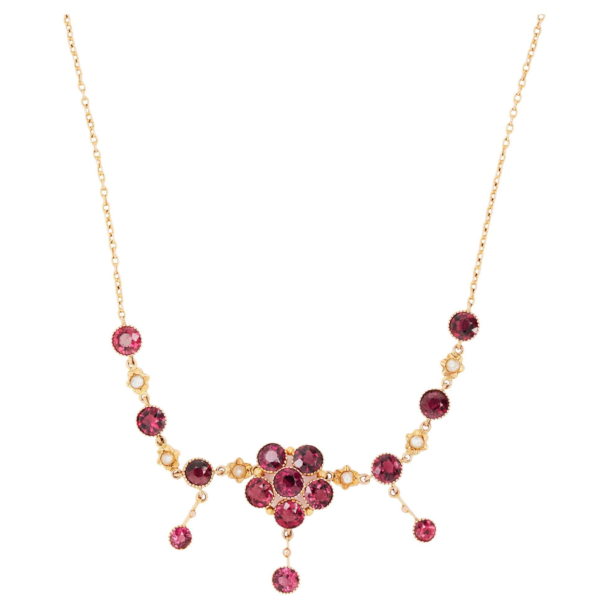 Antike Rose Granat & Seed Pearl Bohemian 9K Gelbgold Drop Halskette, c.1900s