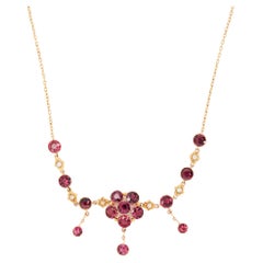 Antique Rose Garnet & Seed Pearl Bohemian 9K Yellow Gold Drop Necklace, c.1900s