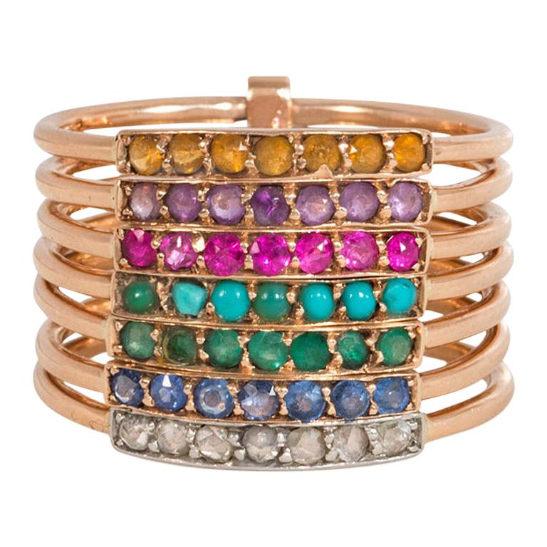 Antique Rose Gold and Multi-Gemstone Seven-Band Harem/Acrostic Ring