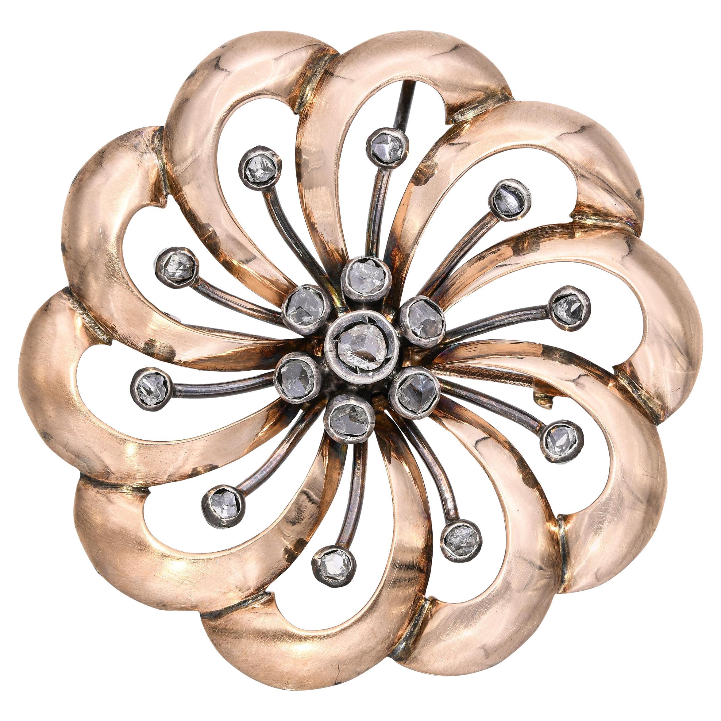 Pendentif broche en or rose et argent antique avec diamant taillé en rose