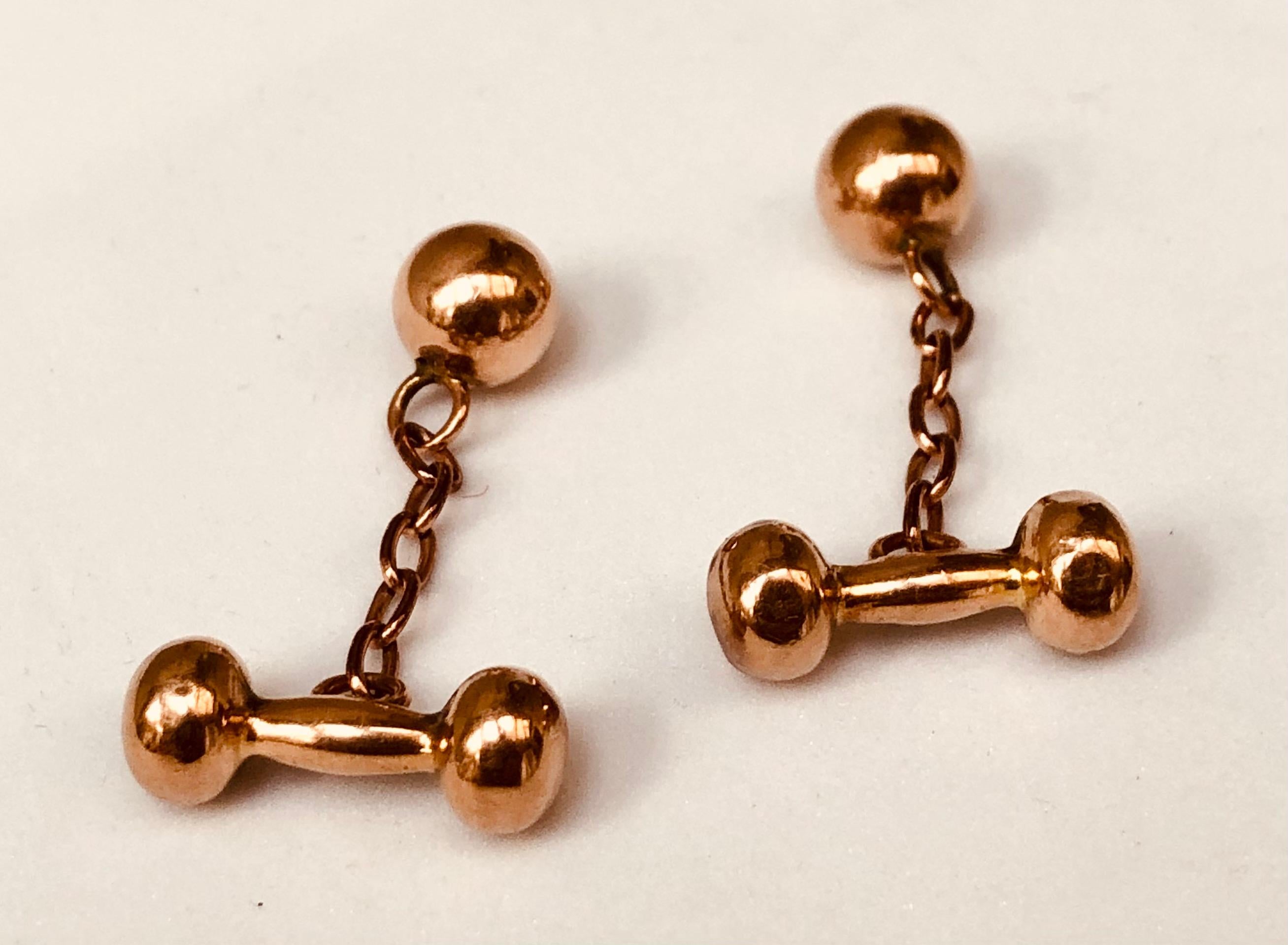 Antique 9 carat rose gold chain cuff links with bar and ball. Perfect for a special occasion or a wedding party 
gift . Whether for a Groom or important Zoom call these cuff links add a distinguished touch of class to every occasion. 

There are