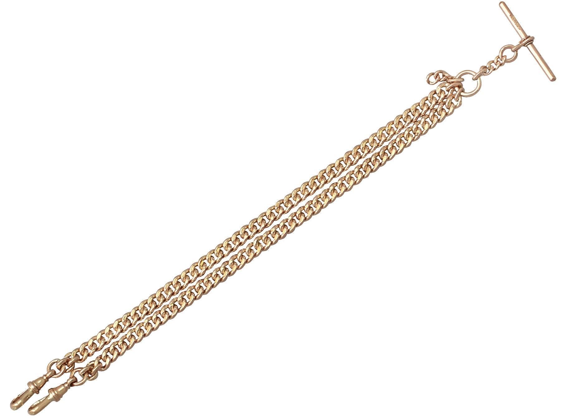A fine and impressive antique 9 karat rose gold double Albert watch chain; part of our antique jewelry and estate jewelry collections

This fine and impressive antique Albert watch chain has been crafted in 9k rose gold.

The rounded curb chain