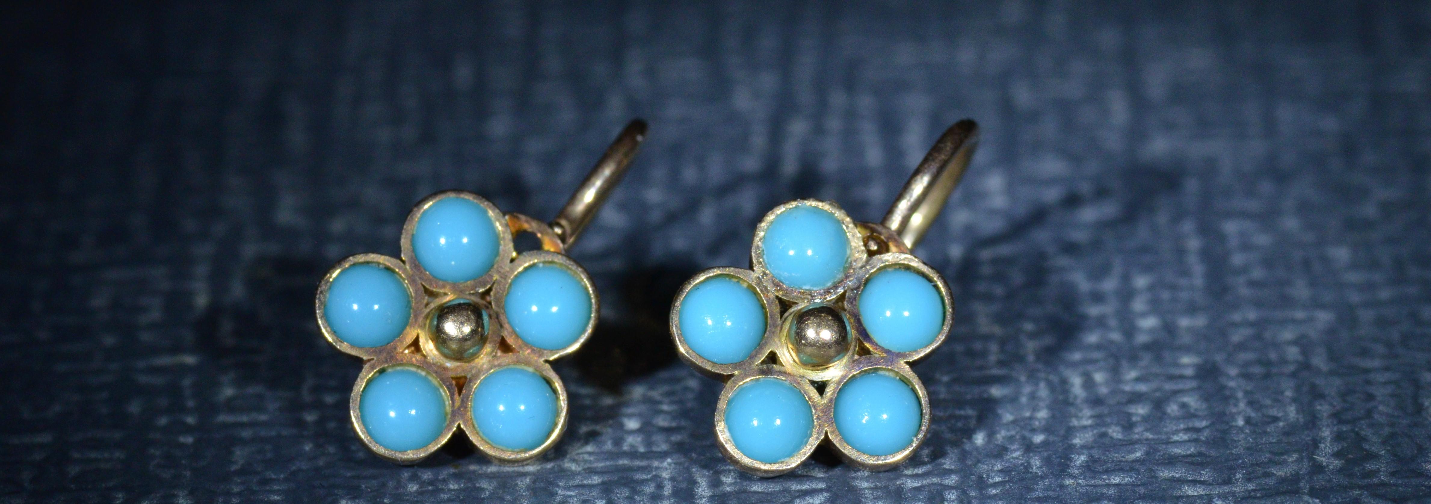 Antique Rose Gold Flower Earrings set with Cabachon Sleeping Beauty Turquoise. 