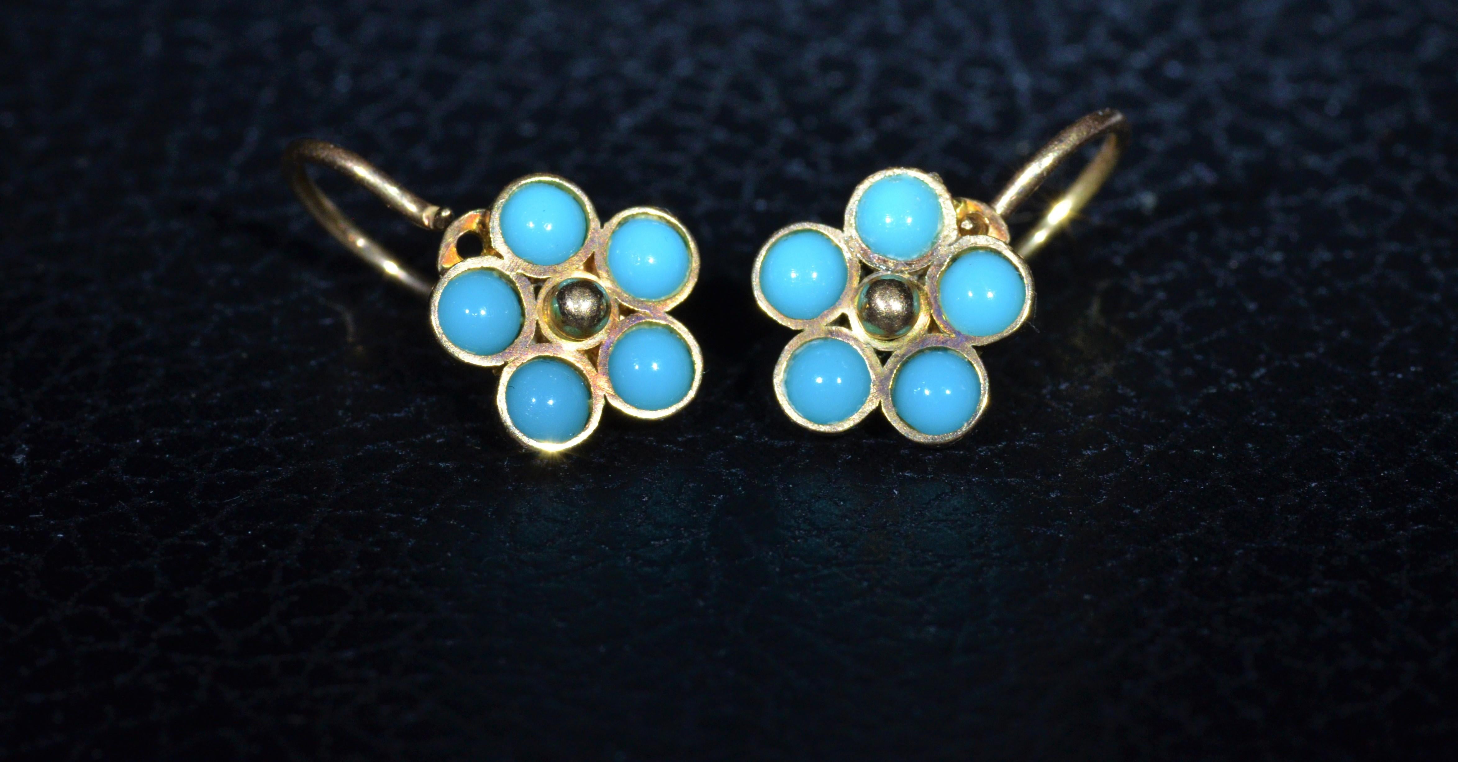 Victorian Antique Rose Gold Flower Earrings Set with Sleeping Beauty Turquoise For Sale