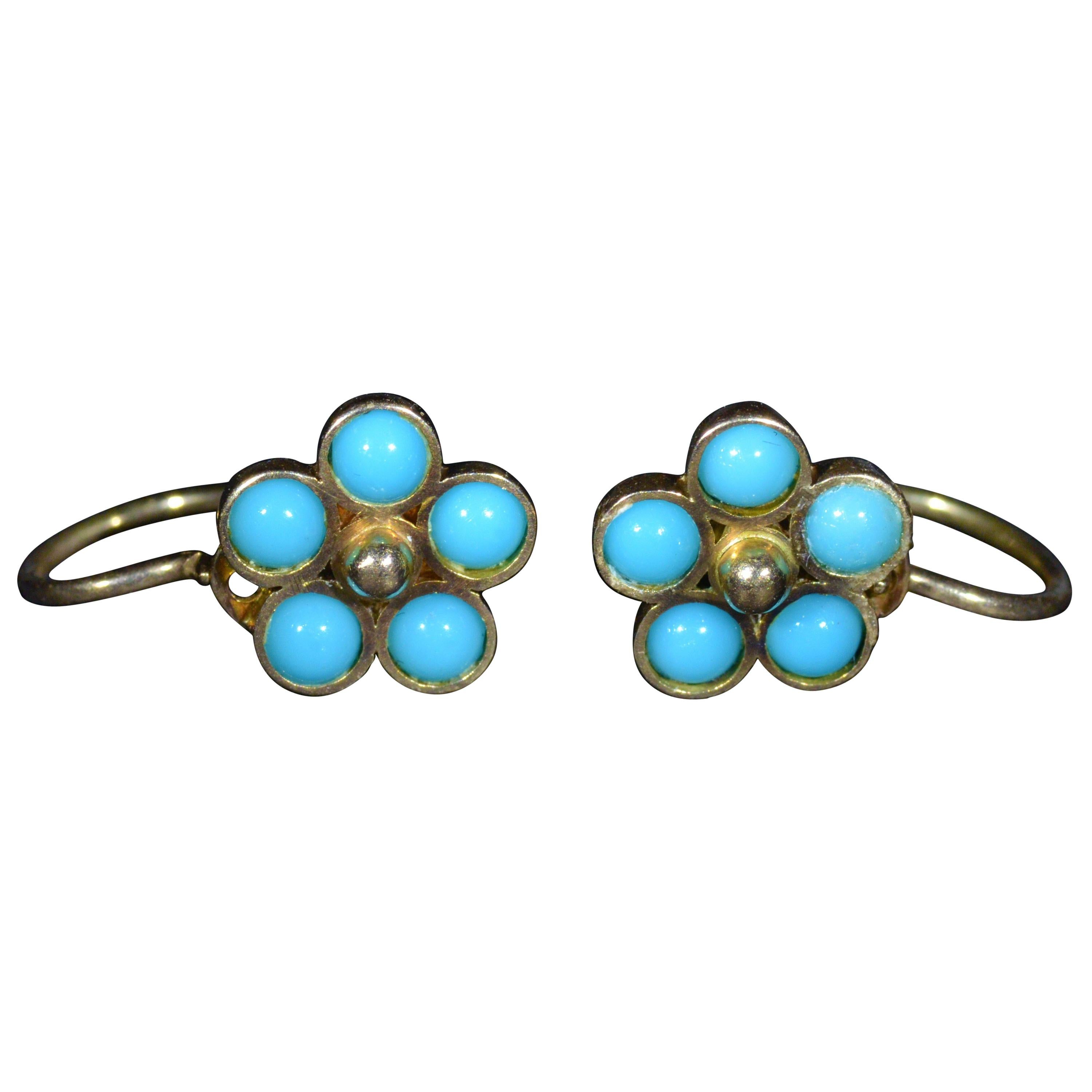 Antique Rose Gold Flower Earrings Set with Sleeping Beauty Turquoise For Sale