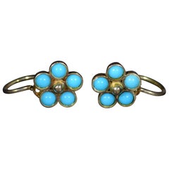 Antique Rose Gold Flower Earrings Set with Sleeping Beauty Turquoise