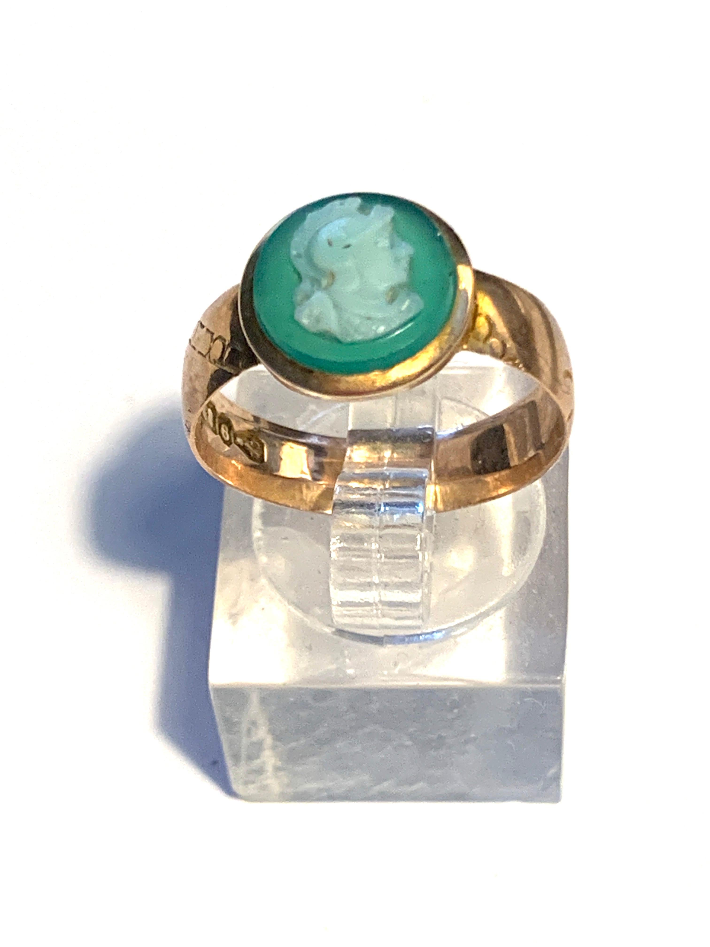 Beautiful Rare 
Antique 
9ct Rose Gold Green Cameo Ring

Fully Hallmarked Chester 1884

Weight - 2.5 grams
Band Thickness - 5 mm

Size U.K. P 1/2
        U.S. 7 3/4