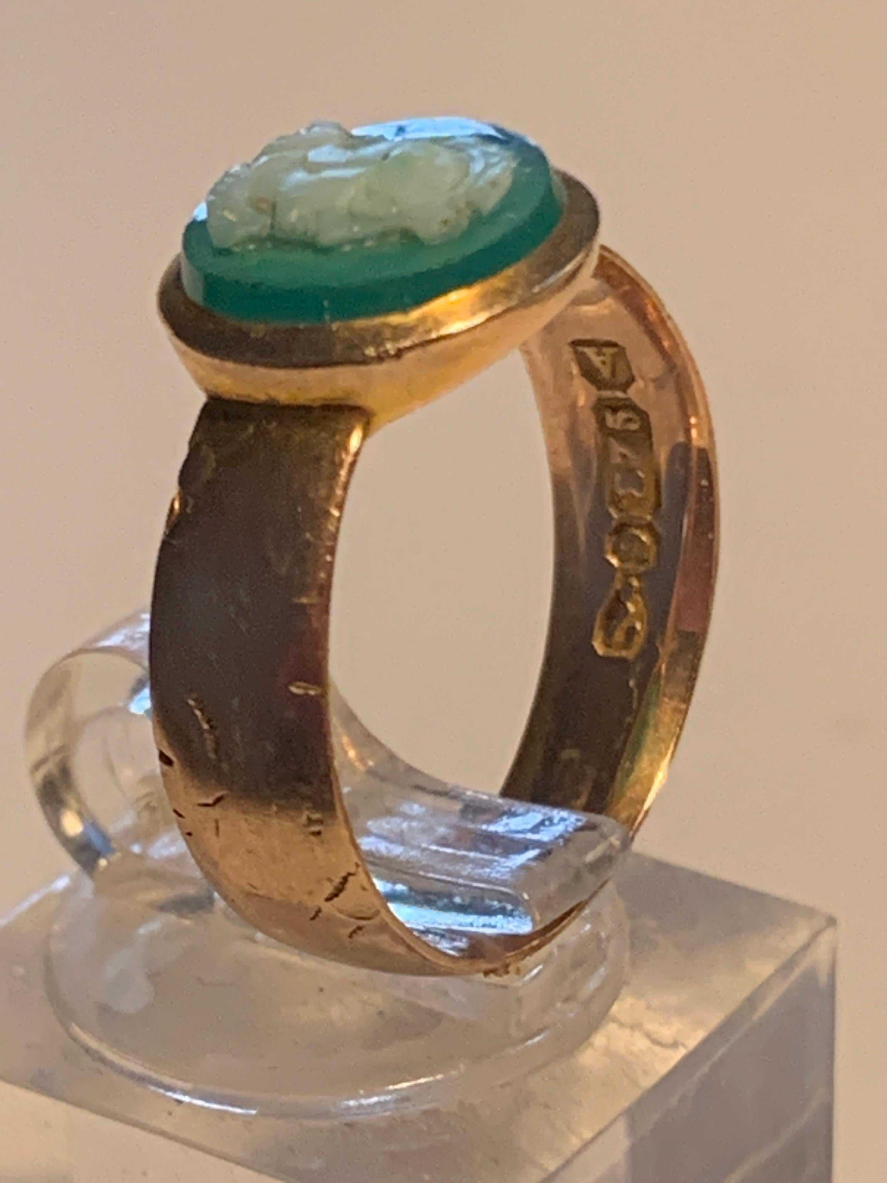 Neoclassical Antique Rose Gold Green Cameo Ring Dated 1884.Chester  For Sale