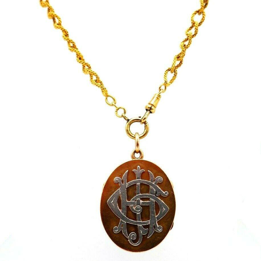 Antique Rose Gold Locket and Yellow Gold Watch Chain Necklace For Sale 1